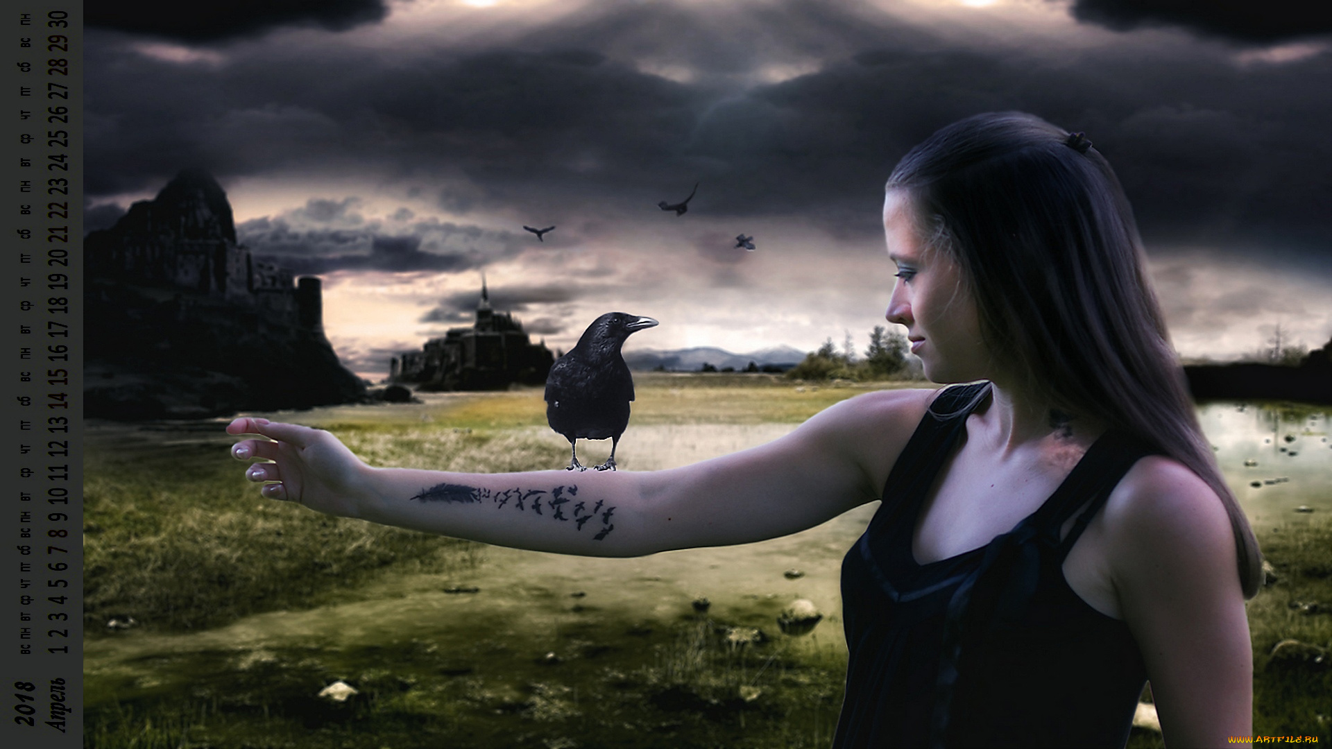 календари, компьютерный, дизайн, взгляд, птица, девушка