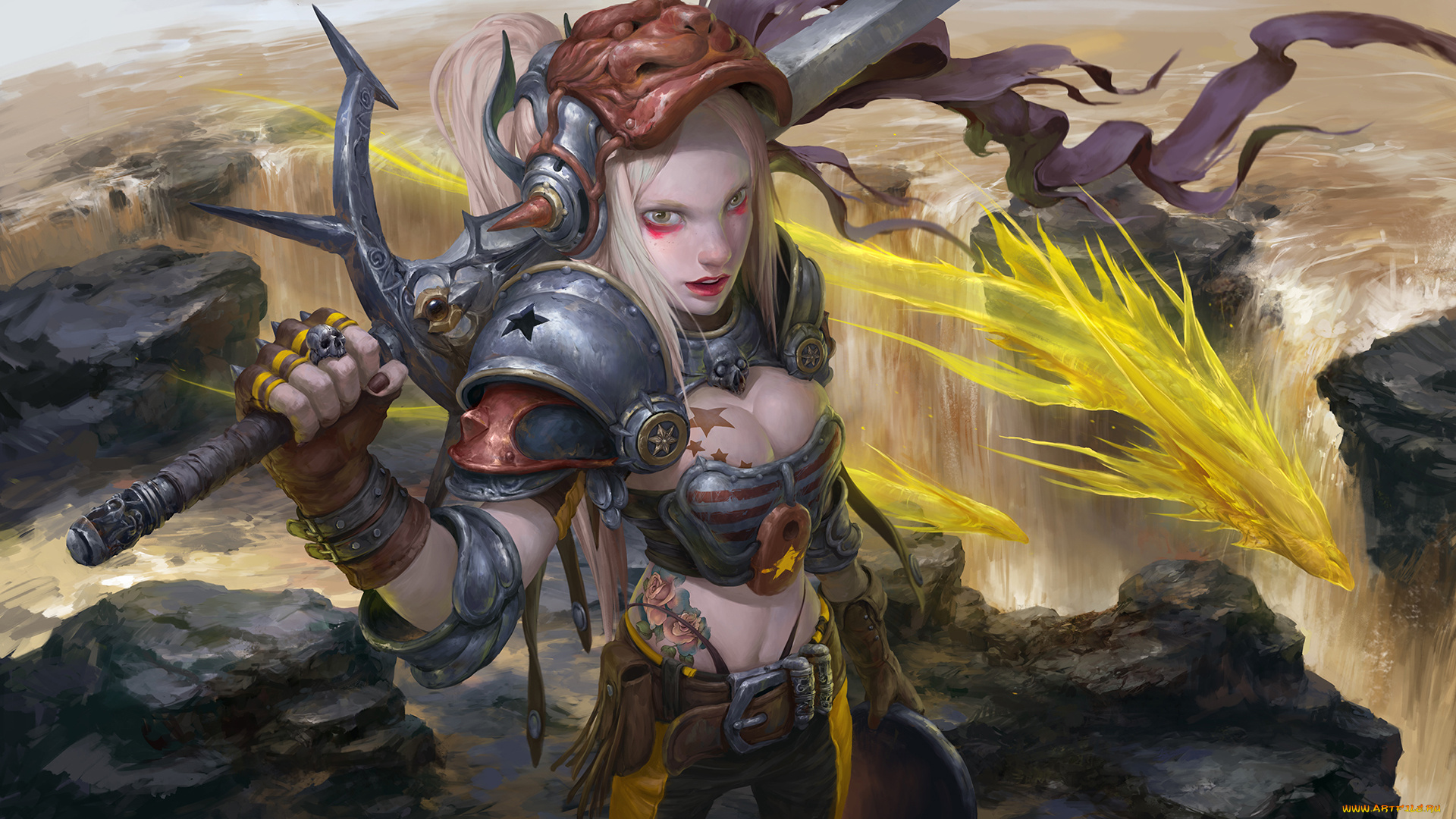 фэнтези, девушки, униформа, девушка, меч, тату, взгляд, фон