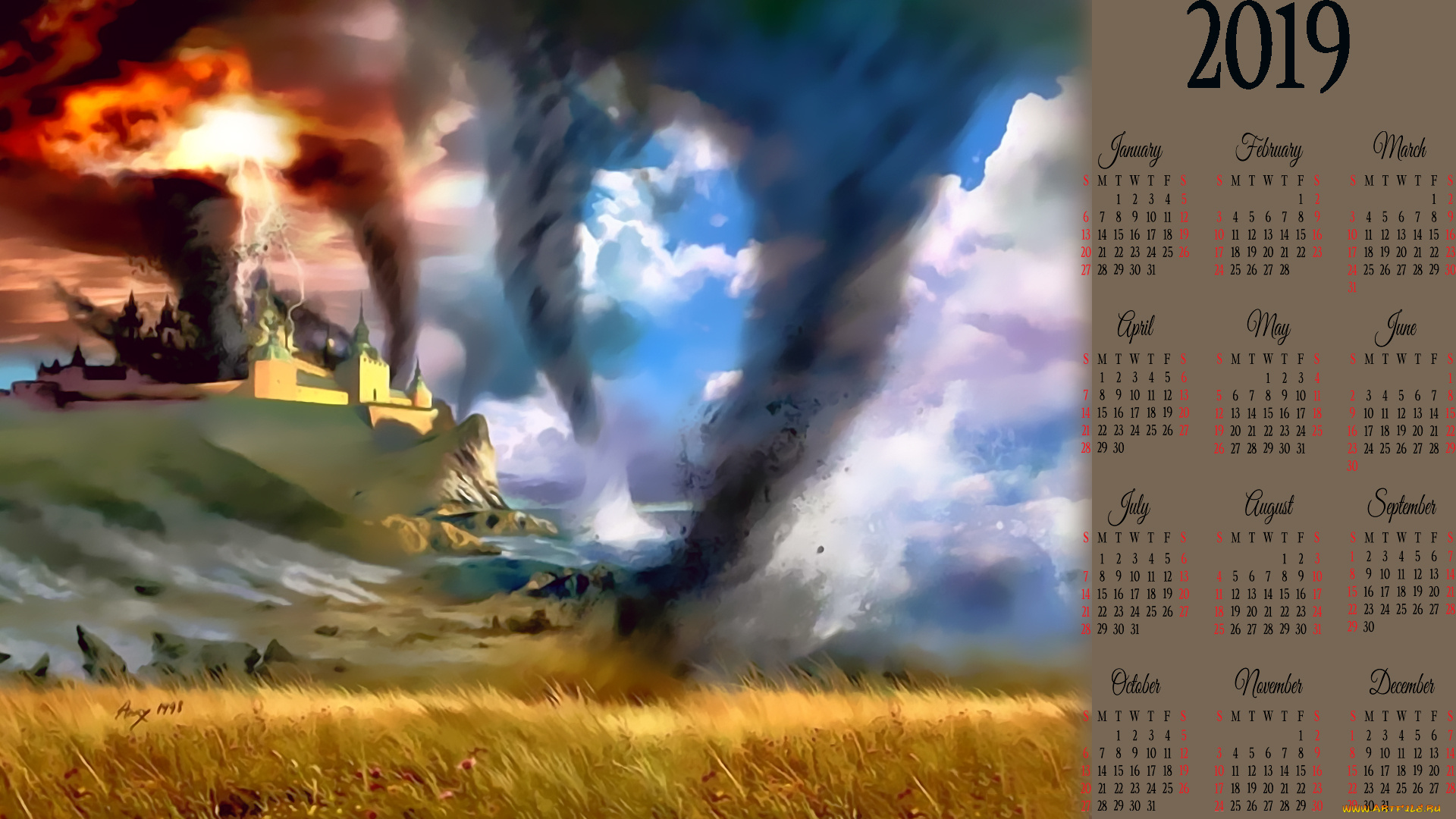 календари, фэнтези, катастрофа, смерч, вихрь, крепость