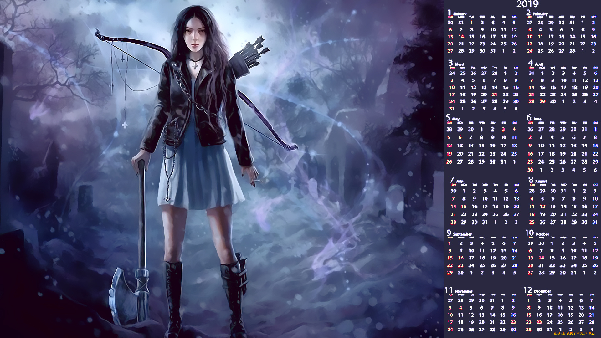 календари, фэнтези, лук, оружие, девушка