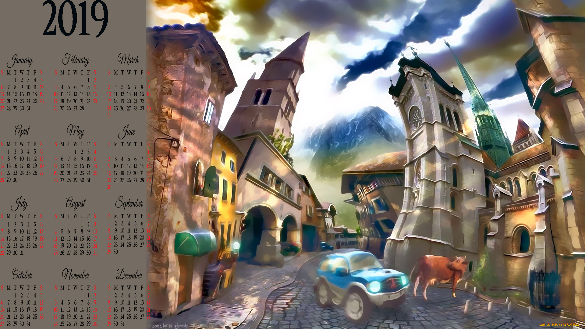 календари, рисованные, , векторная, графика, дом, улица, корова, машина, здание, город