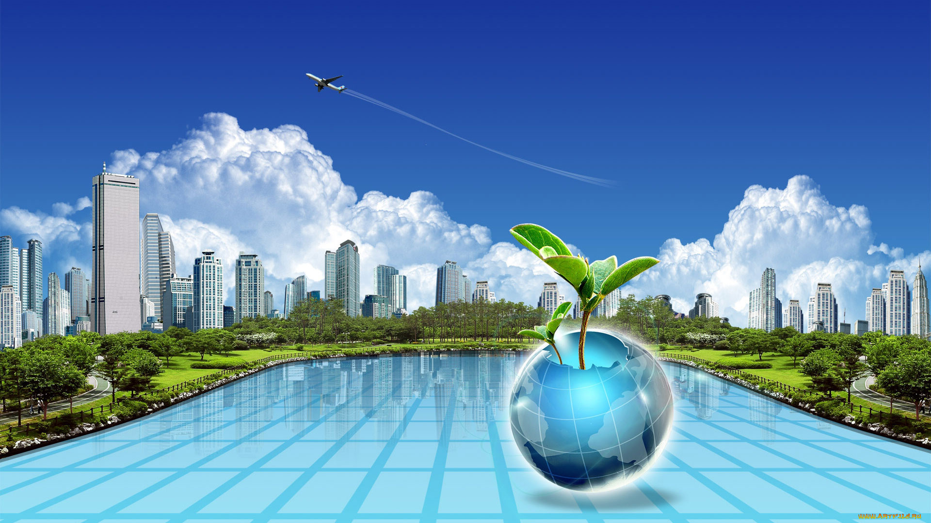 3д, графика, архитектура, , architecture, город, небо, облака, самолет, бассейн, росток