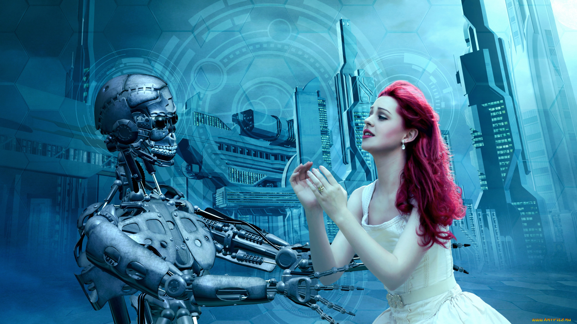 разное, компьютерный, дизайн, девушка, фон, робот