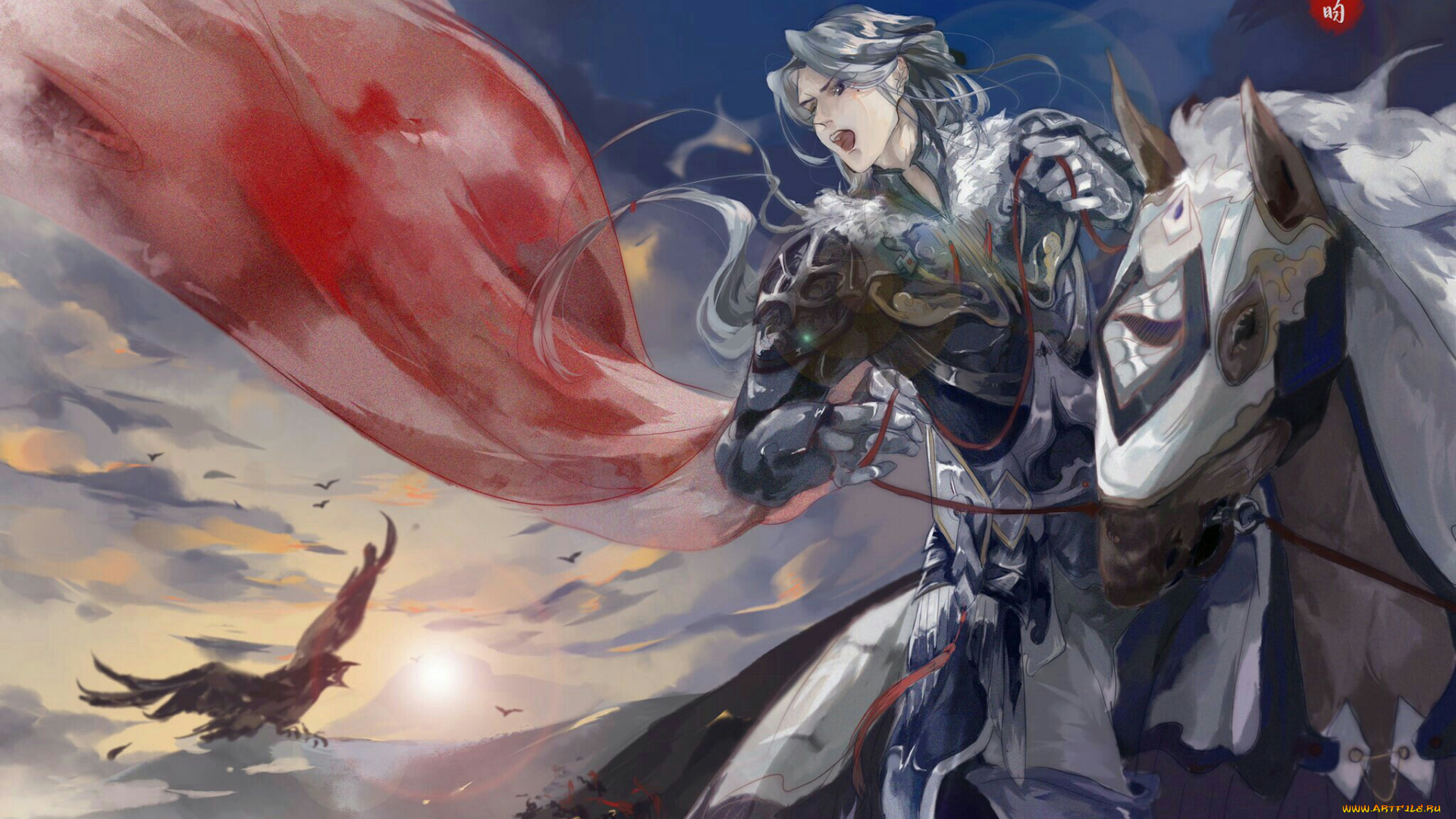 аниме, unknown, , другое, , всадник, плащ, птицы