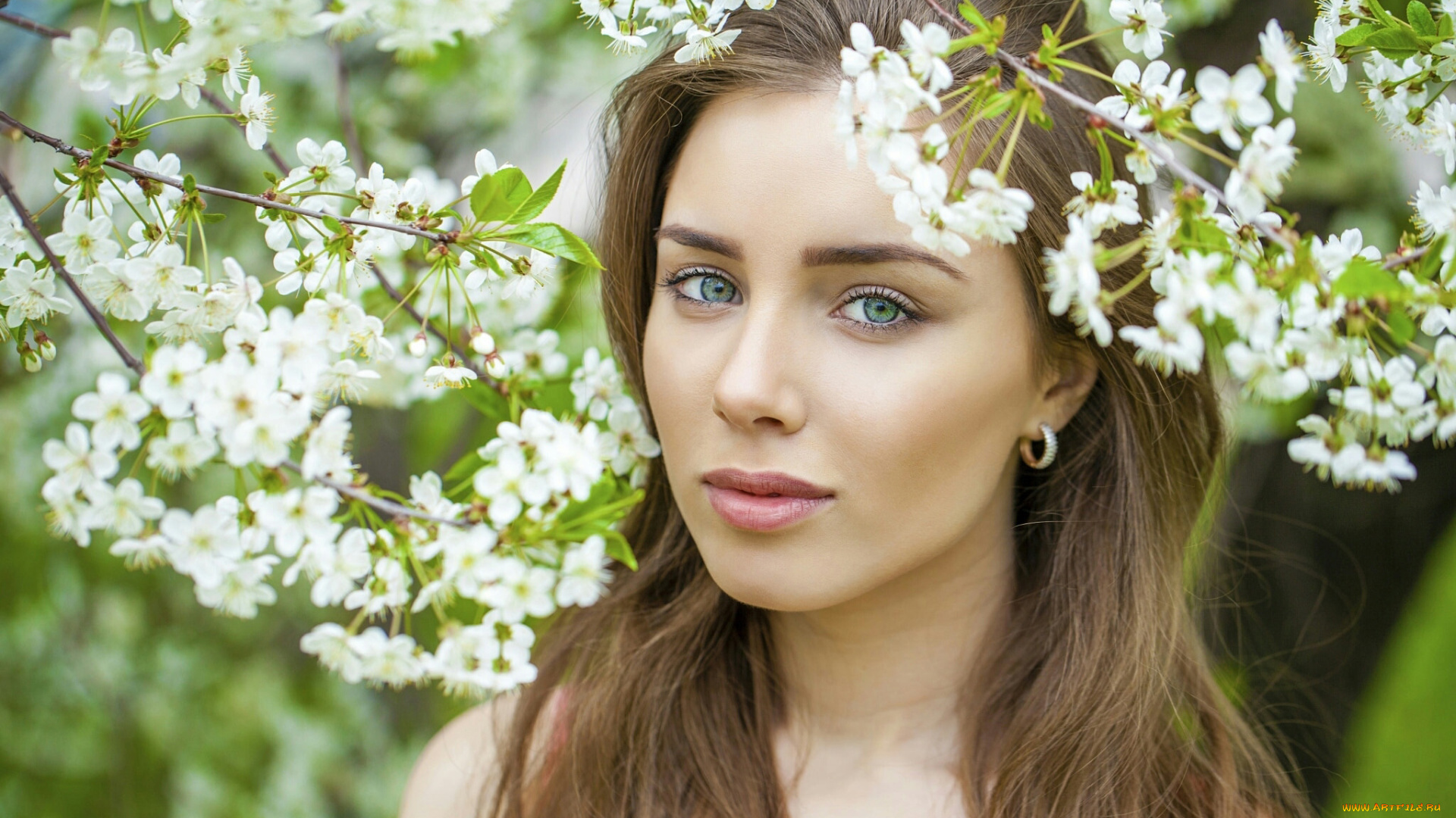 девушки, -, лица, , портреты, шатенка, весна, цветущая, ветка