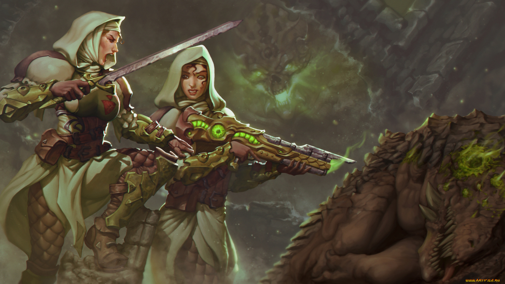 фэнтези, красавицы, и, чудовища, девушки, фон, униформа, оружие, существо