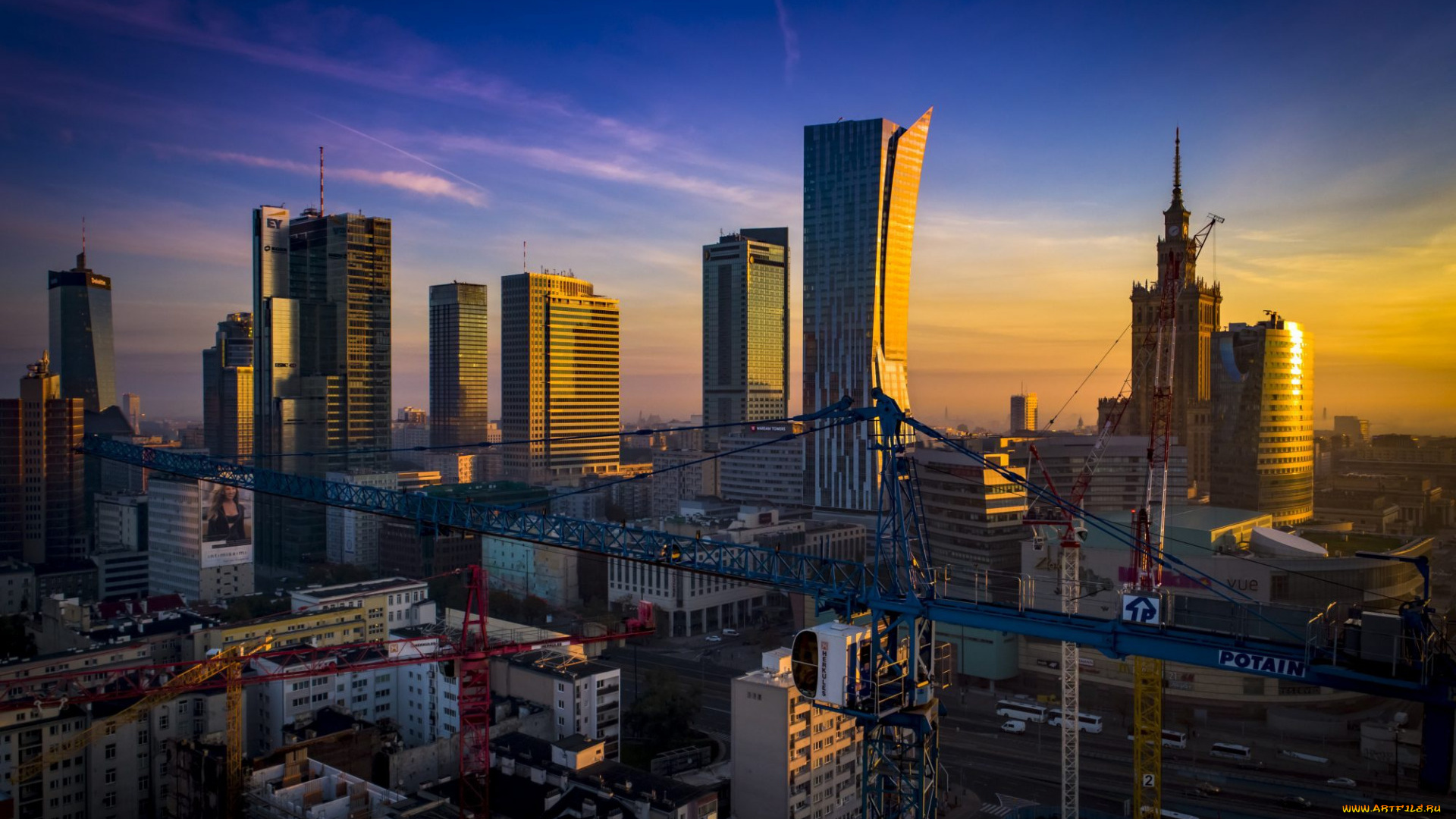 города, варшава, , польша, варшава, утро, восход, солнца, небоскребы, современные, здания, городской, вид