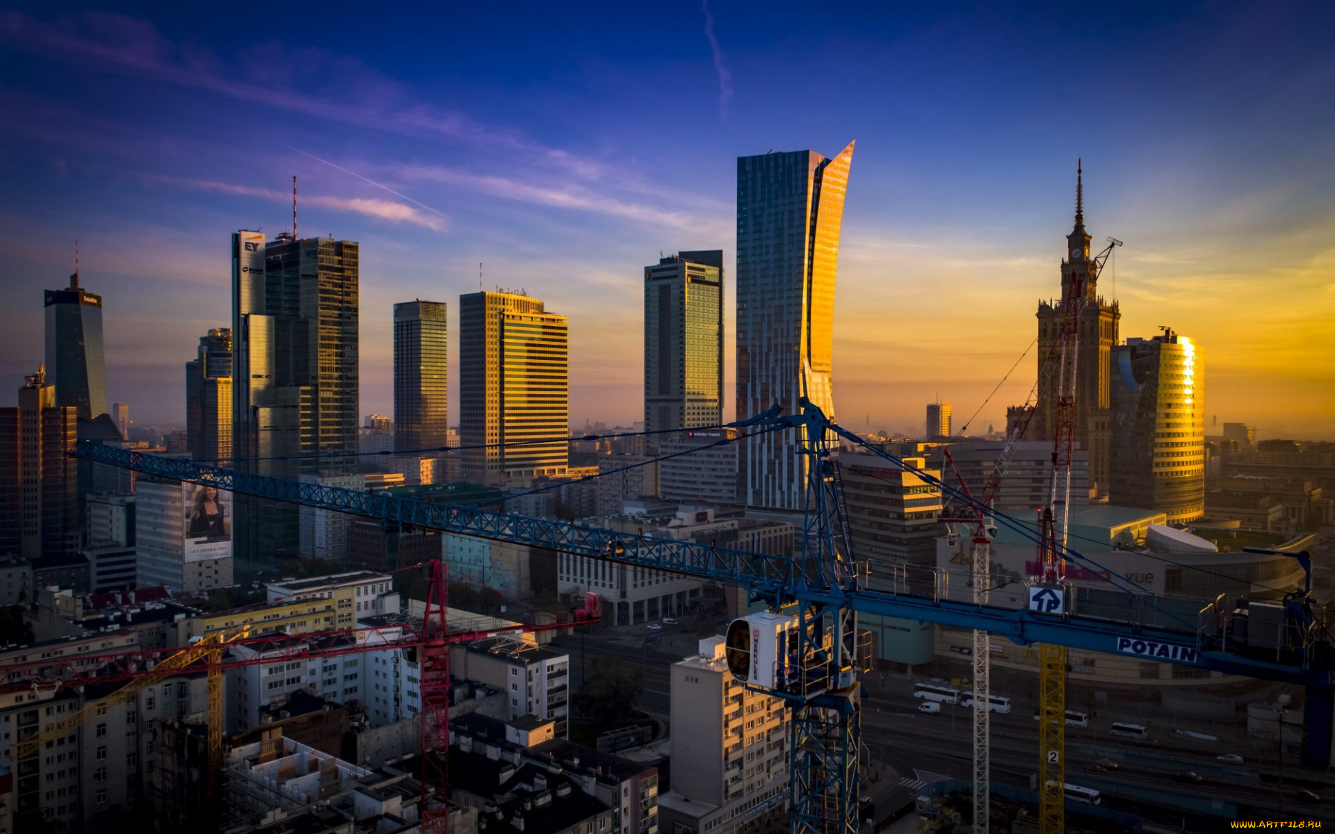 города, варшава, , польша, варшава, утро, восход, солнца, небоскребы, современные, здания, городской, вид