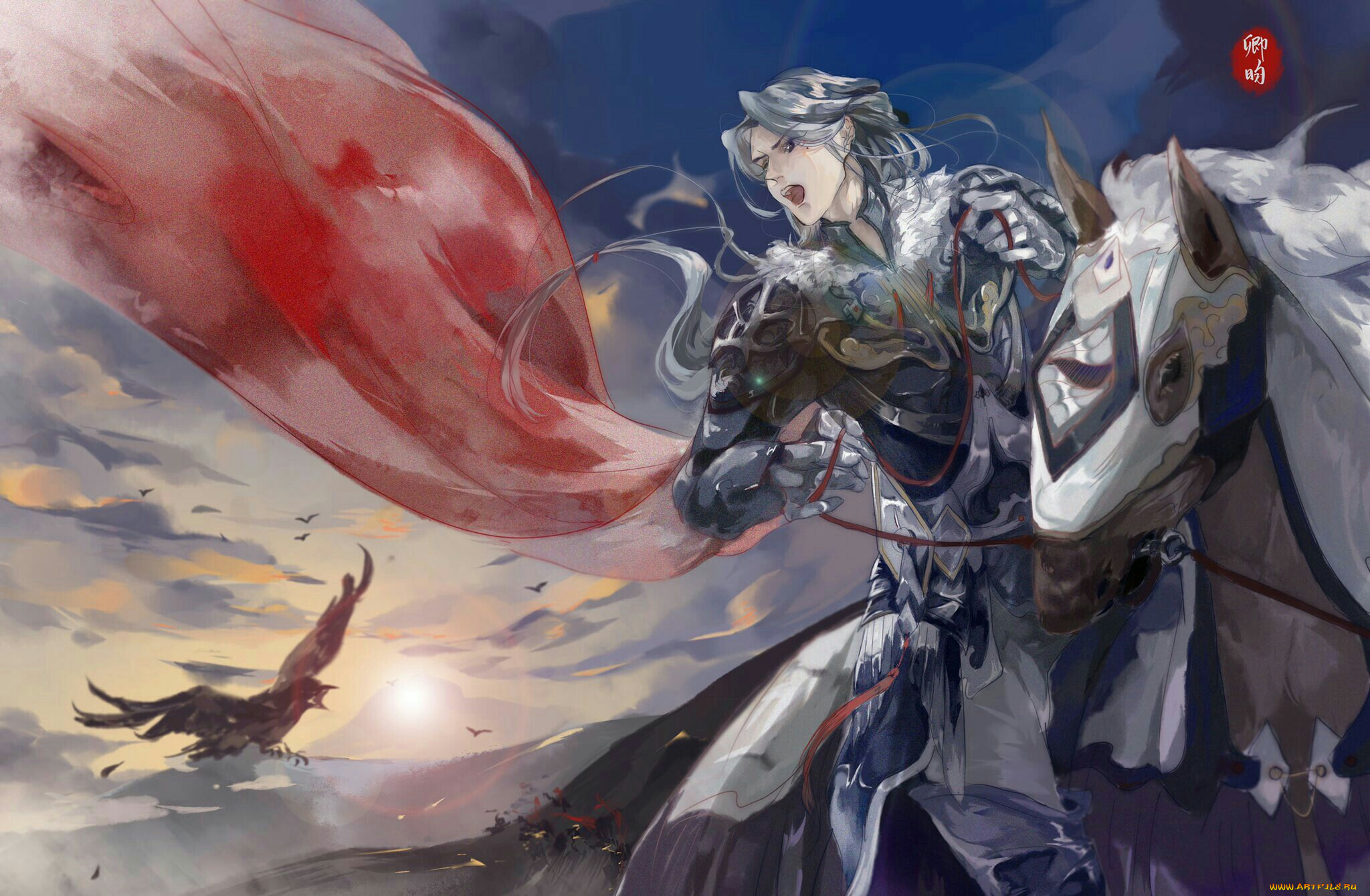 аниме, unknown, , другое, , всадник, плащ, птицы
