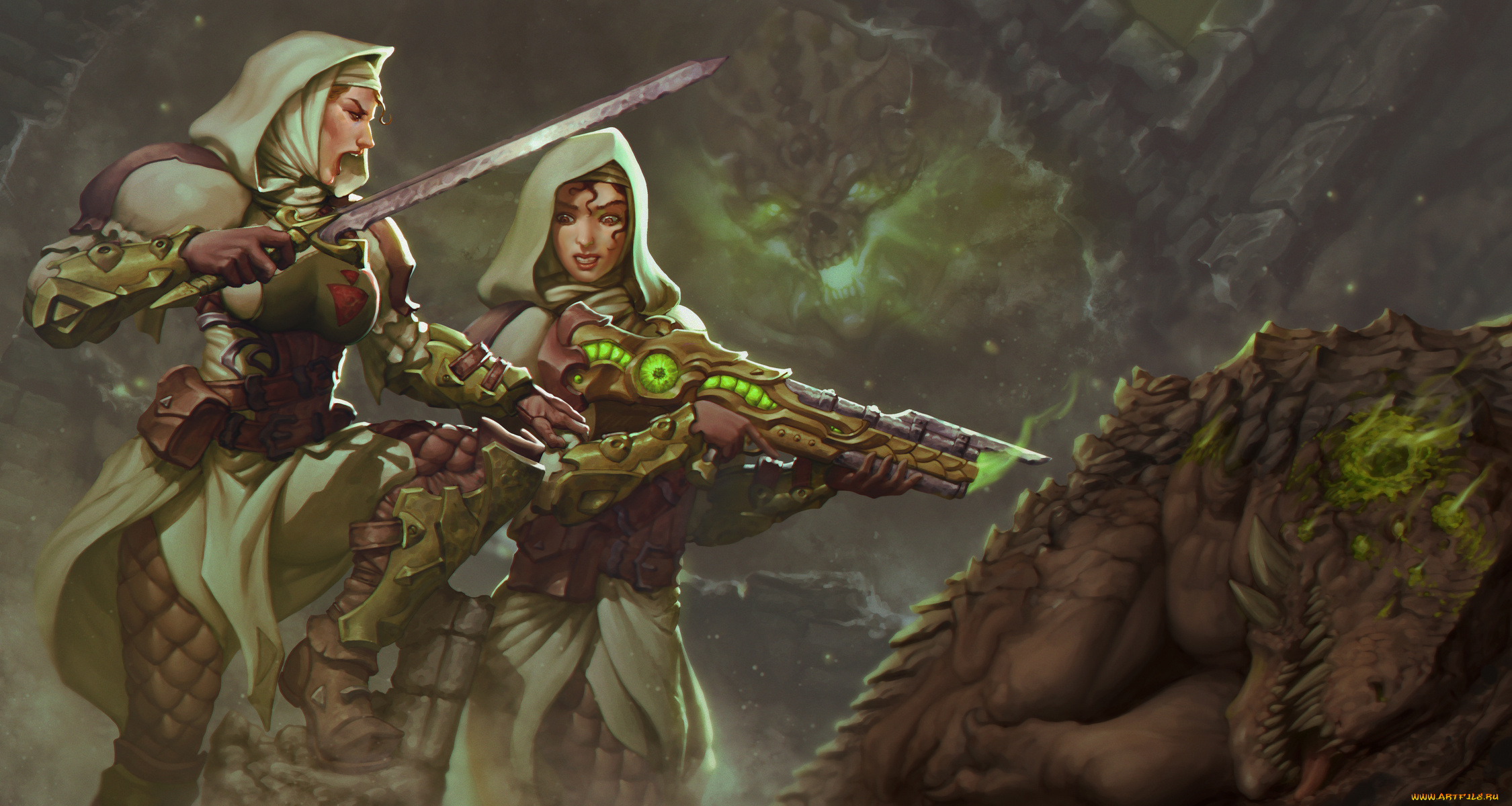 фэнтези, красавицы, и, чудовища, девушки, фон, униформа, оружие, существо