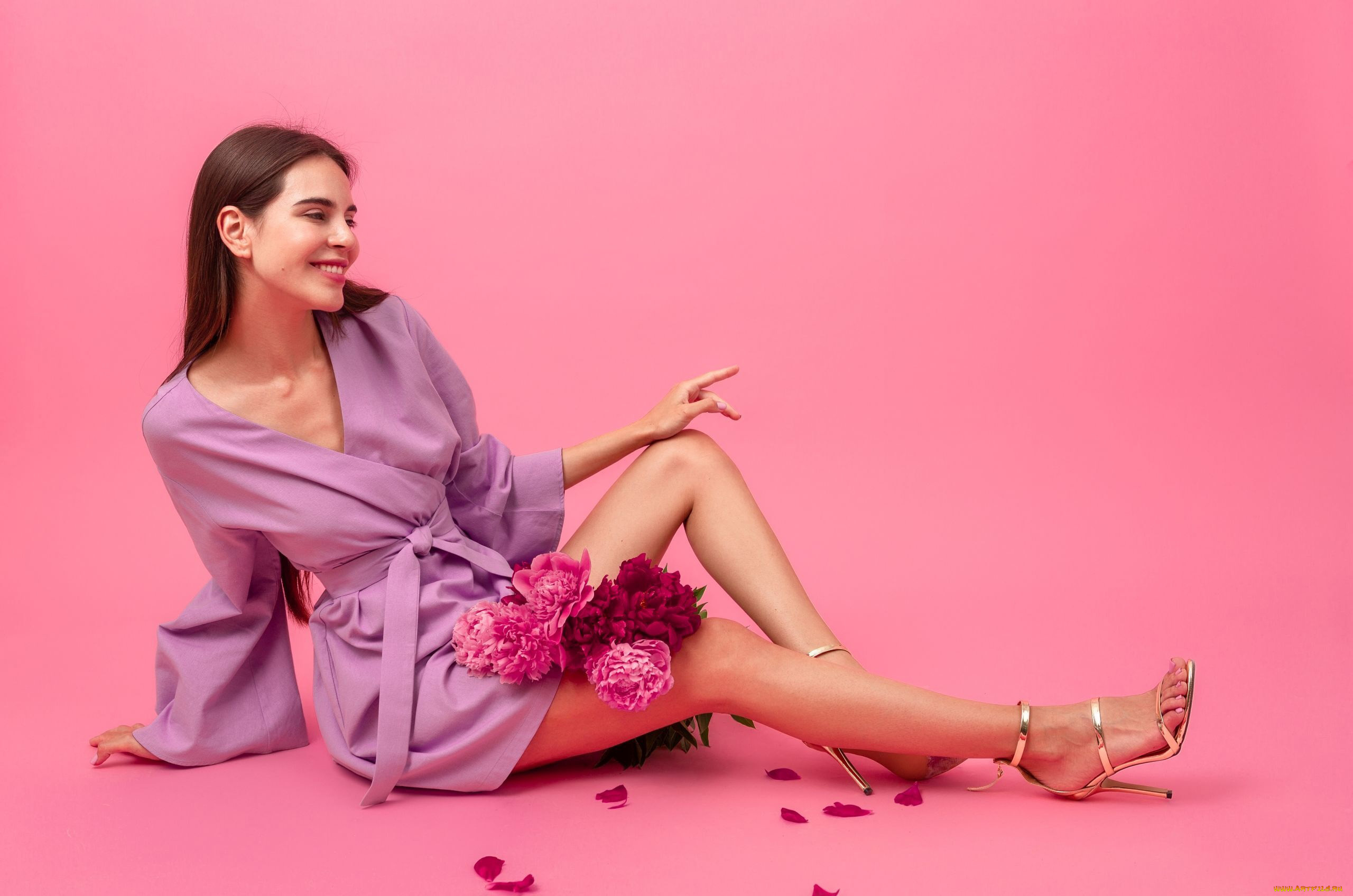 девушки, -, брюнетки, , шатенки, платье, пионы, поза