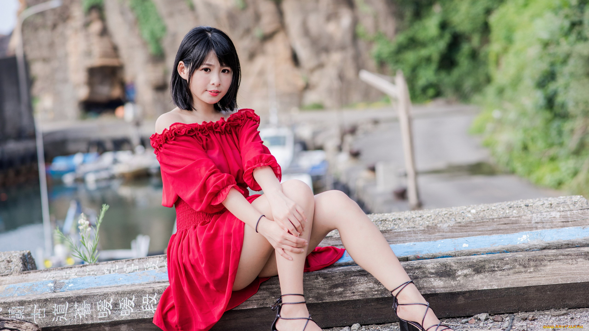 девушки, -, азиатки, азиатка, платье