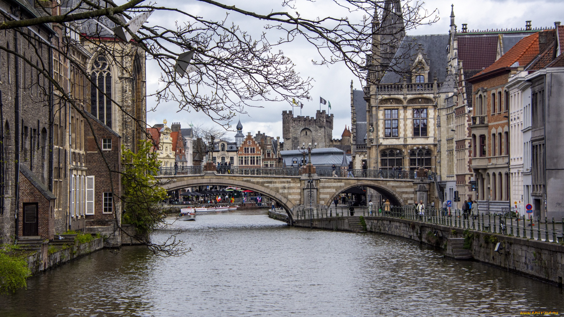 города, гент, , бельгия, канал, мост, здания