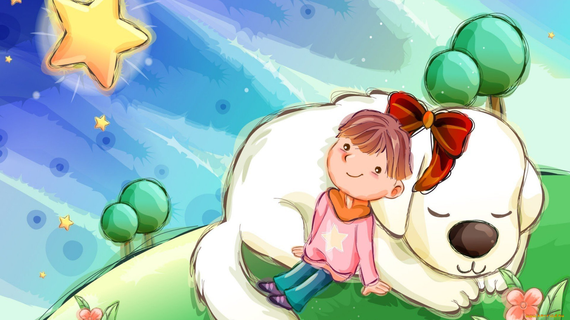 рисованное, дети, мальчик, собака, звезда