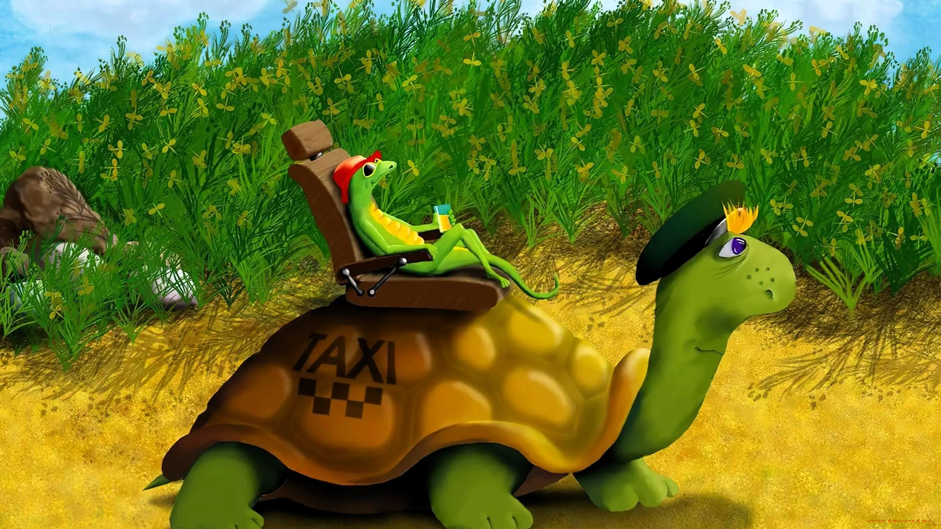 рисованное, животные, черепаха, ящерица, кресло, такси