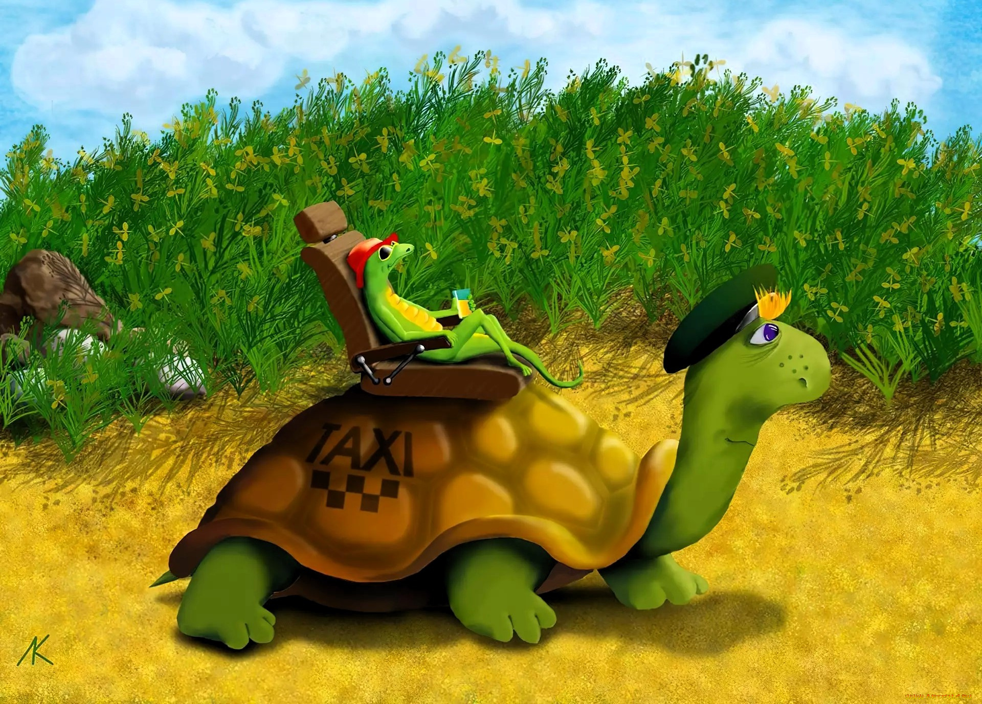 рисованное, животные, черепаха, ящерица, кресло, такси