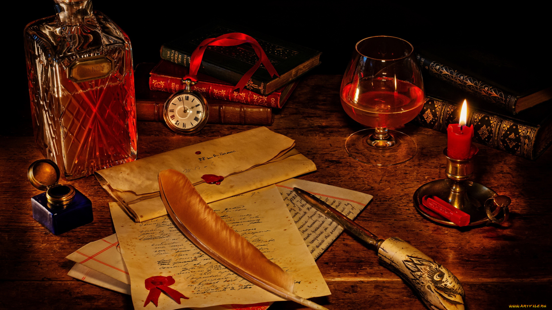 еда, напитки, свеча, бокал, бренди, чернильница, перо, книги