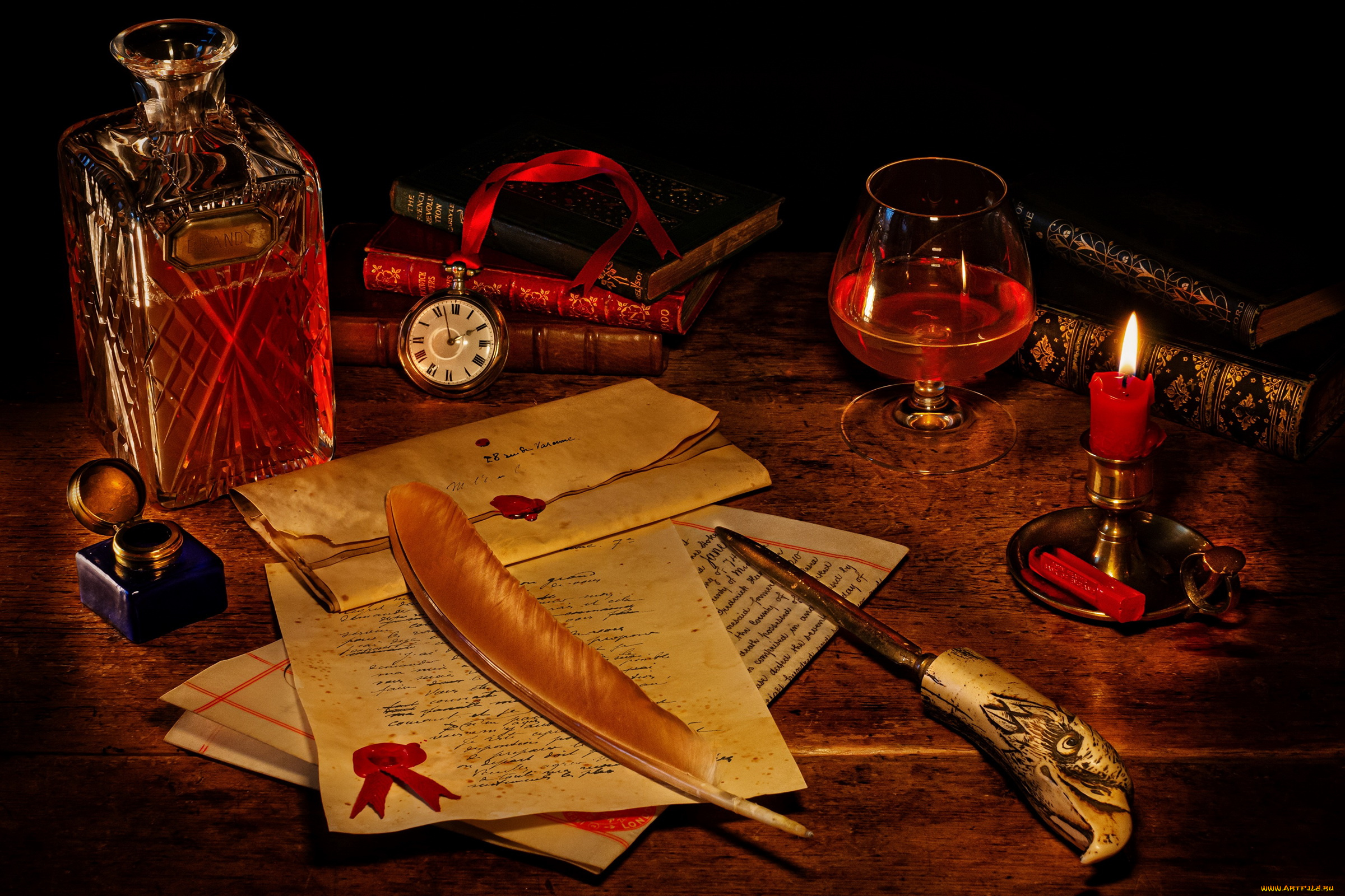 еда, напитки, свеча, бокал, бренди, чернильница, перо, книги