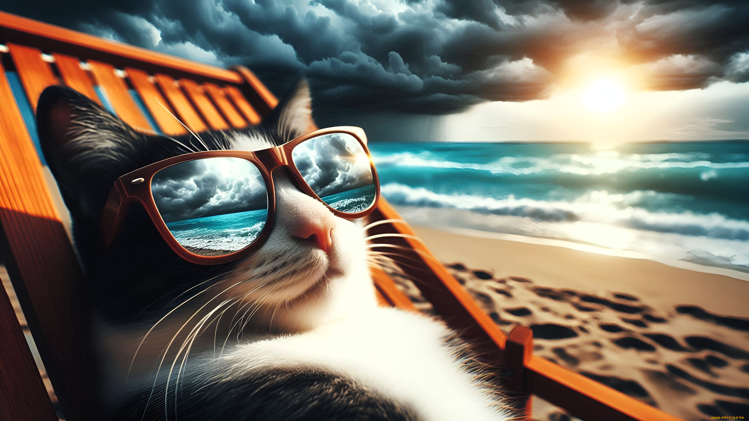3д, графика, животные, , animals, кот, очки, пляж, шезлонг, песок, море, тучи