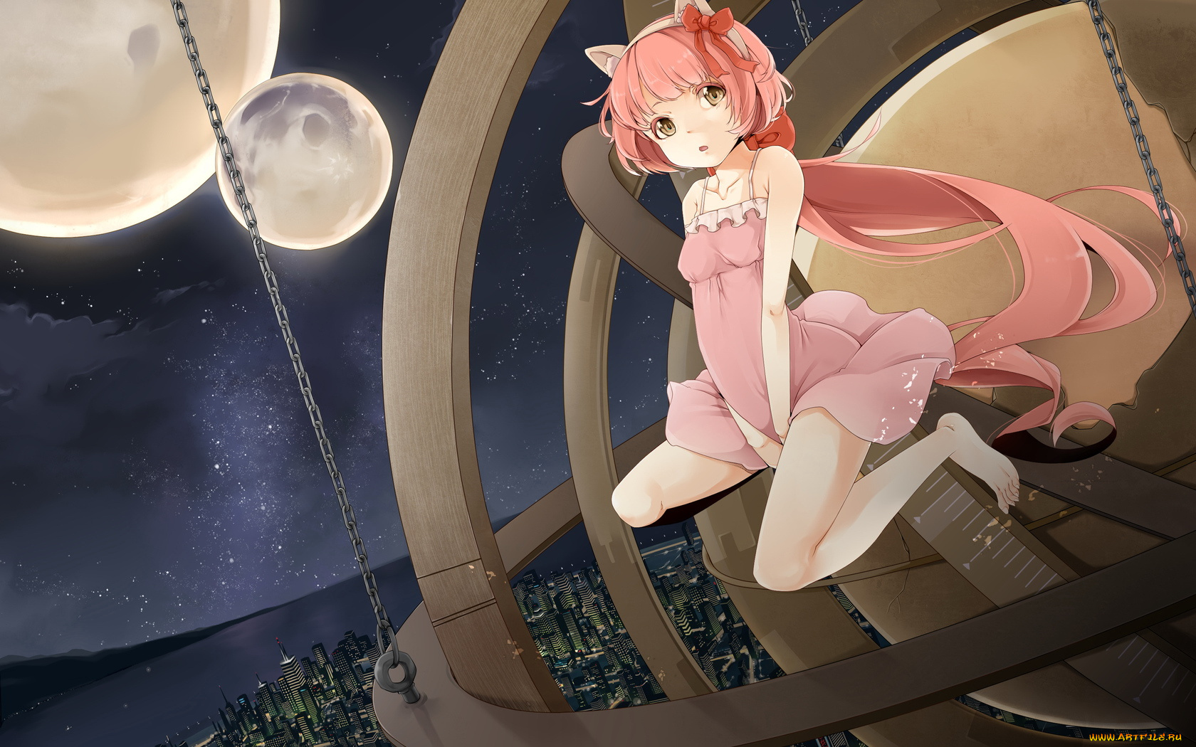 аниме, animals, планеты, цепь, девочка, город