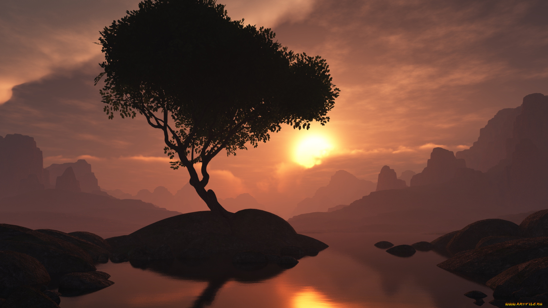 3д, графика, nature, landscape, природа, горы, солнце, дерево