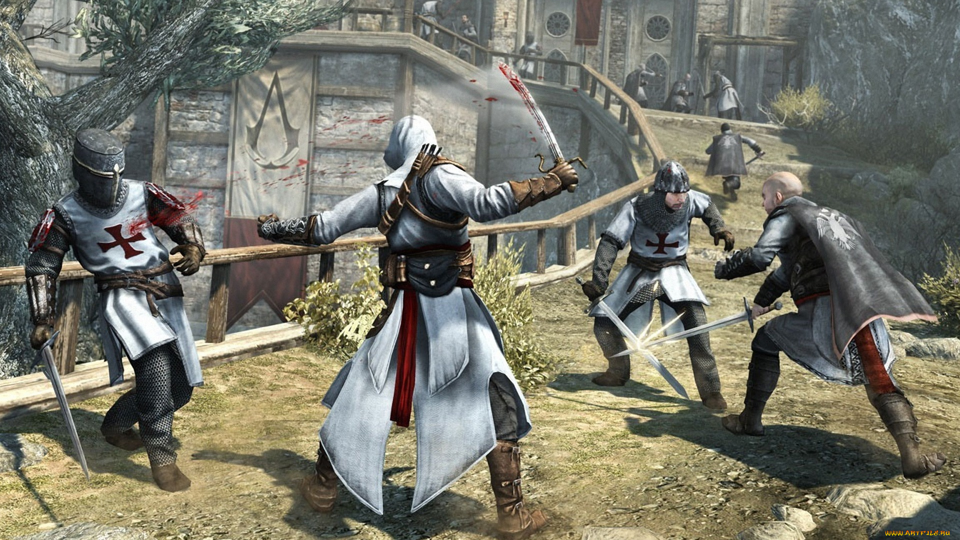 assassins, creed, видео, игры, assassin`s, альтаир, сражается, меч, тамплиеры