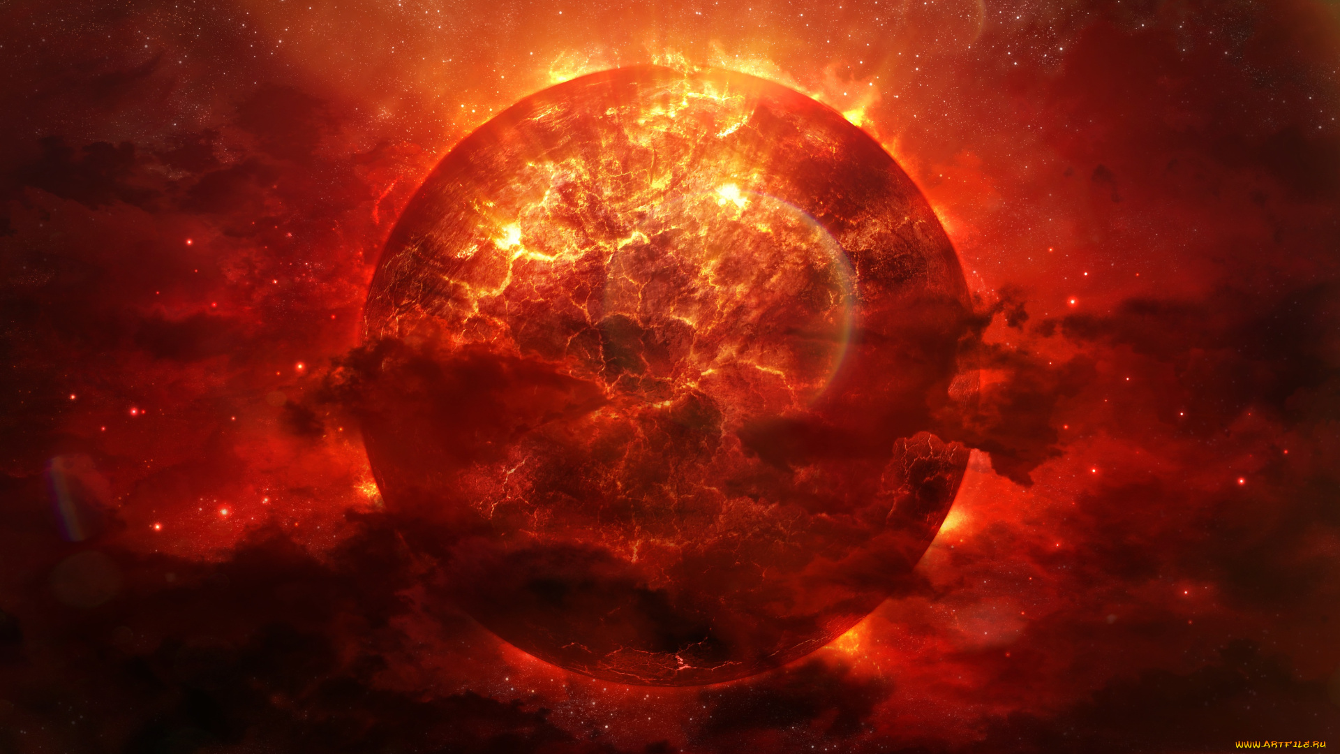 космос, арт, alienphysique, katherl, hannes, планета, разломы, трещины, огонь, взрыв, энергия, туманность, красная
