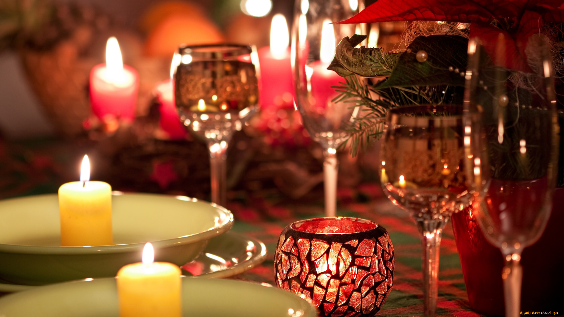 праздничные, новогодние, свечи, фужеры, сервировка