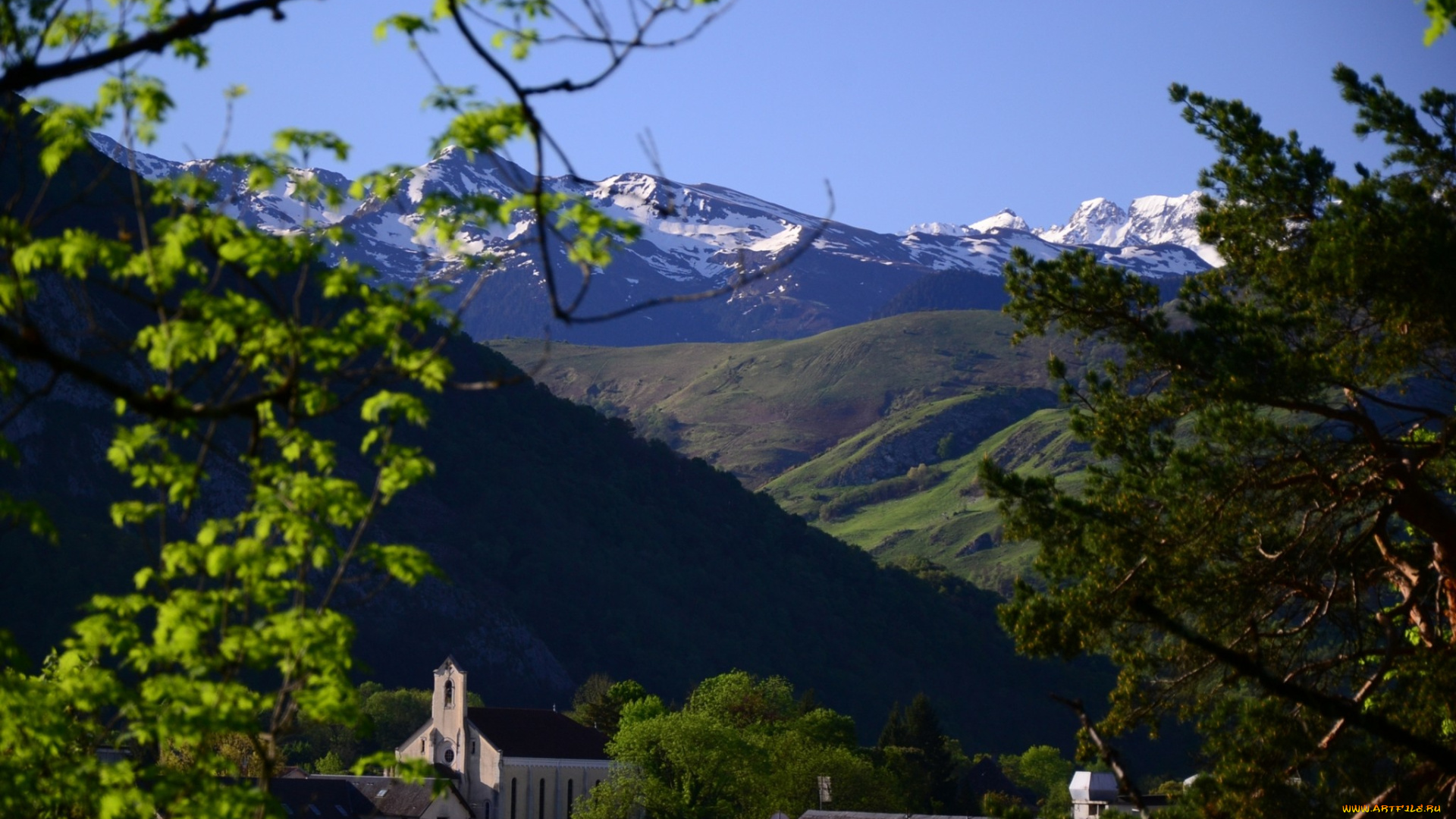 природа, пейзажи, деревья, долина, дома, горы