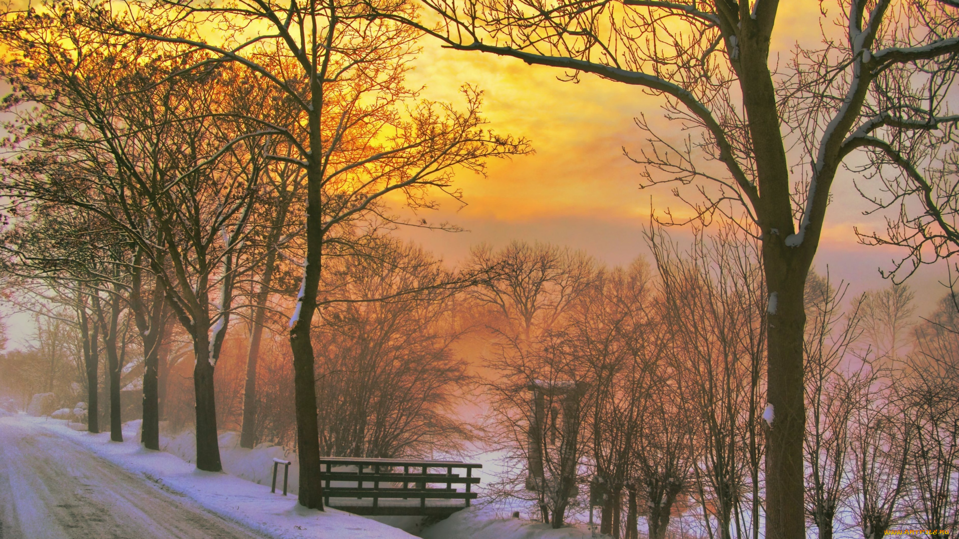 природа, зима, дорога, закат