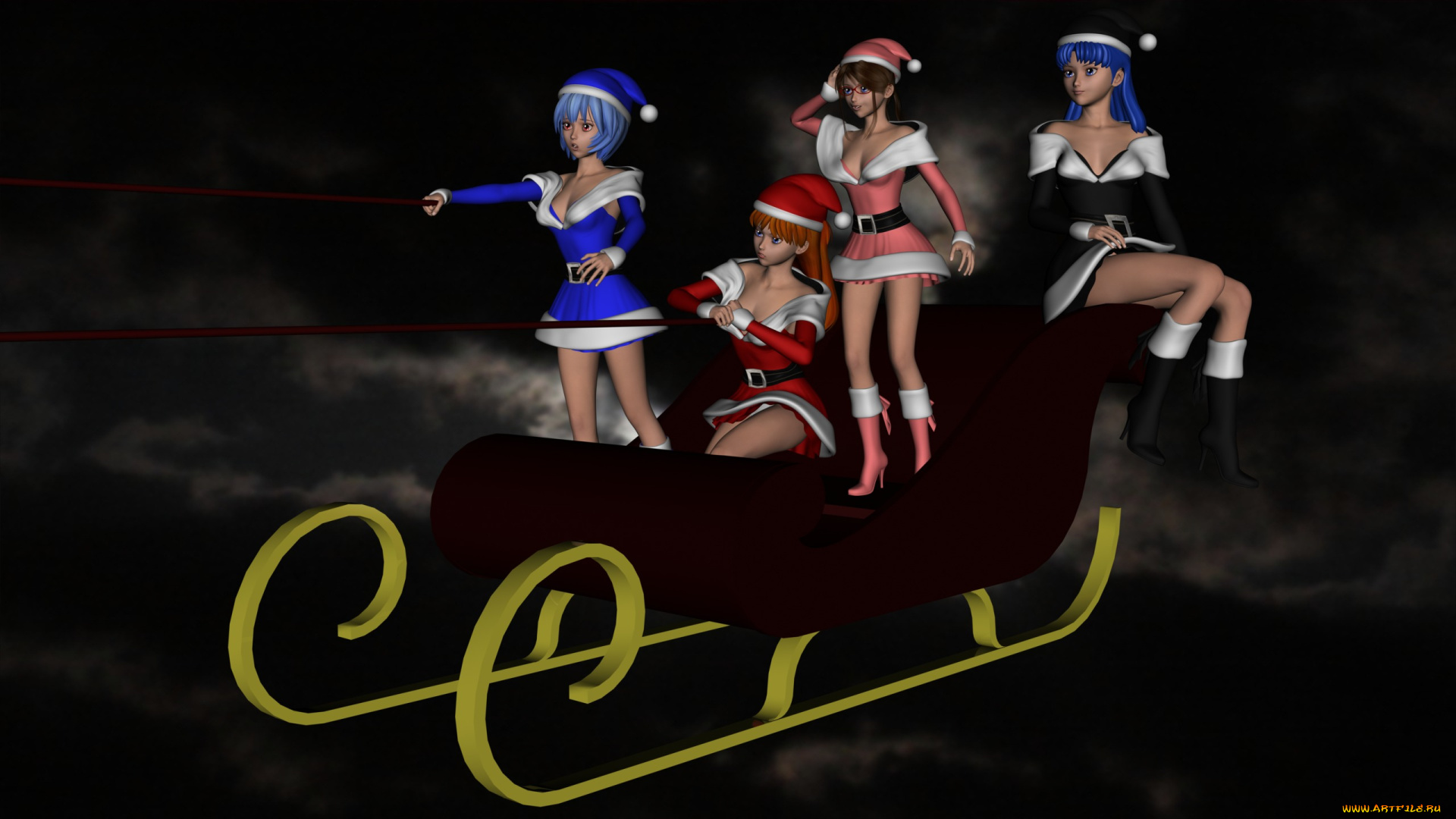 3д, графика, anime, аниме, девушки, сани