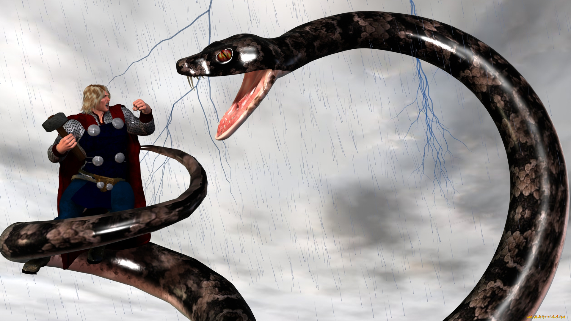 3д, графика, fantasy, фантазия, змея, воин