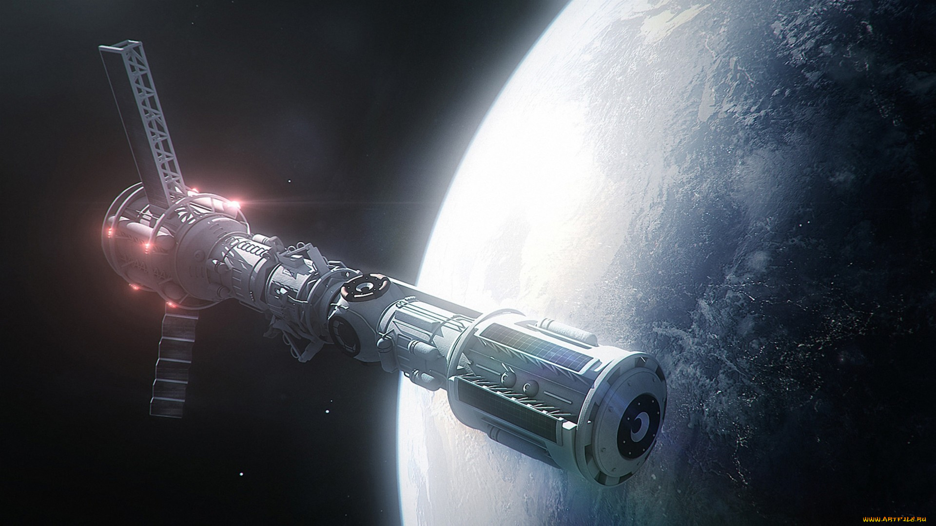 космос, арт, планета, корабль, орбита