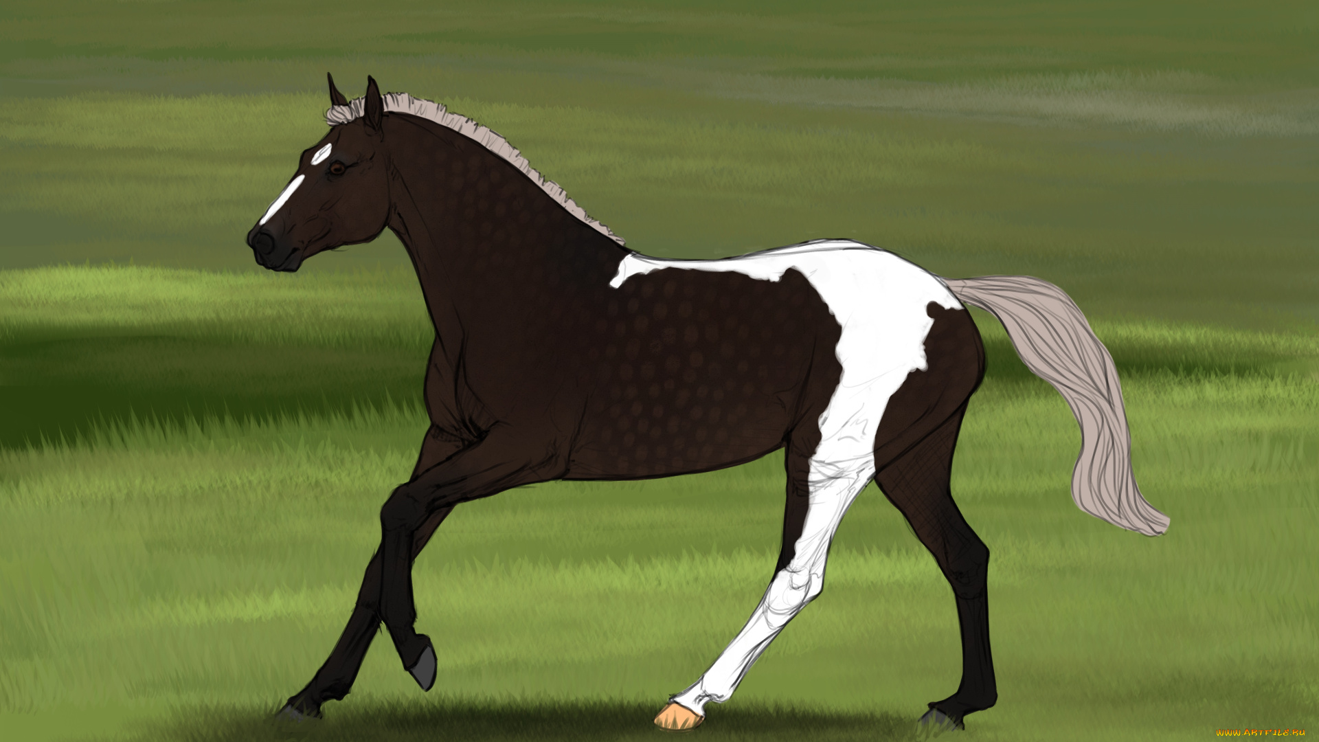 рисованные, животные, лошади, лошадь, трава