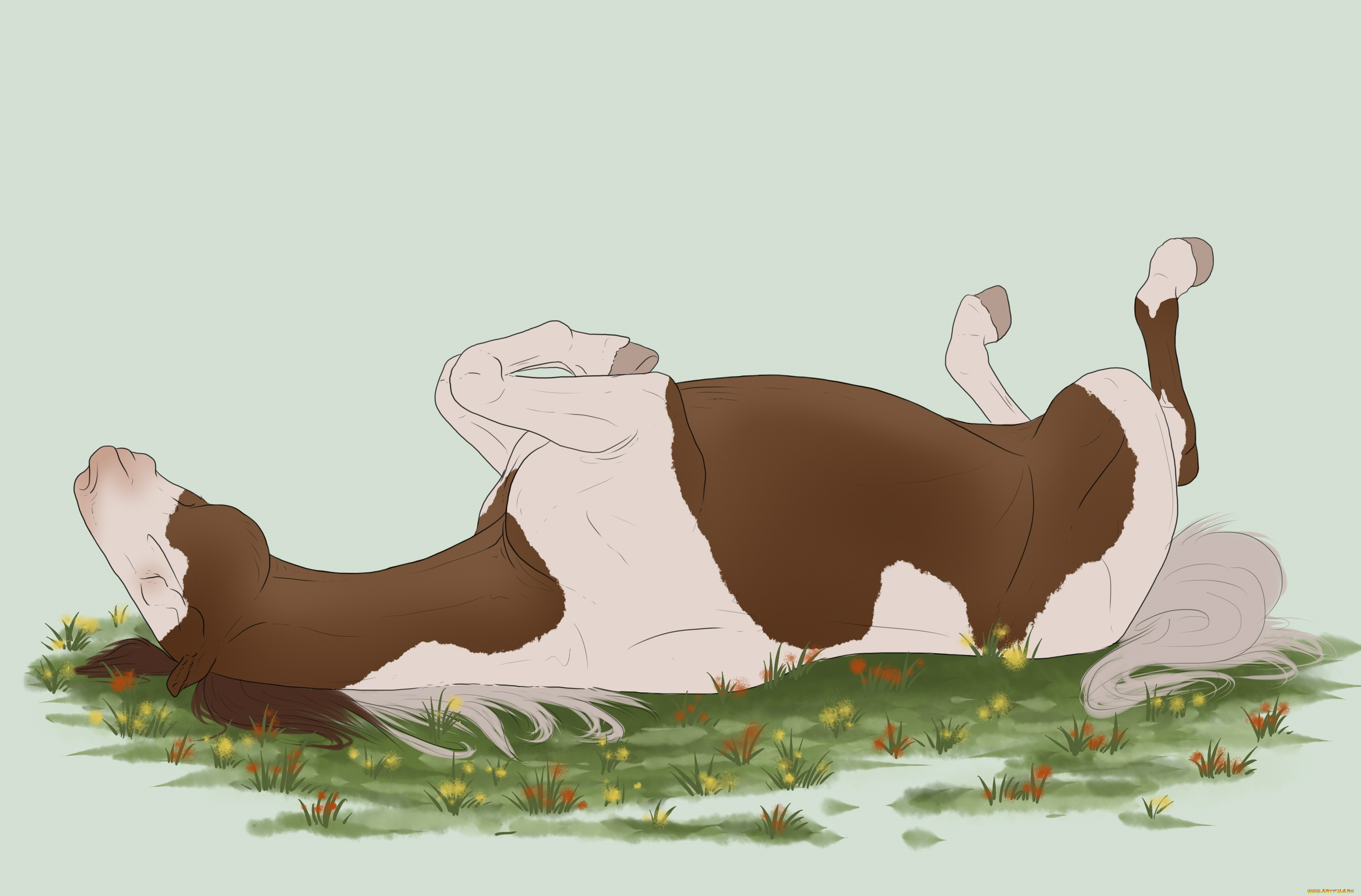 рисованные, животные, лошади, трава, лошадь, лето