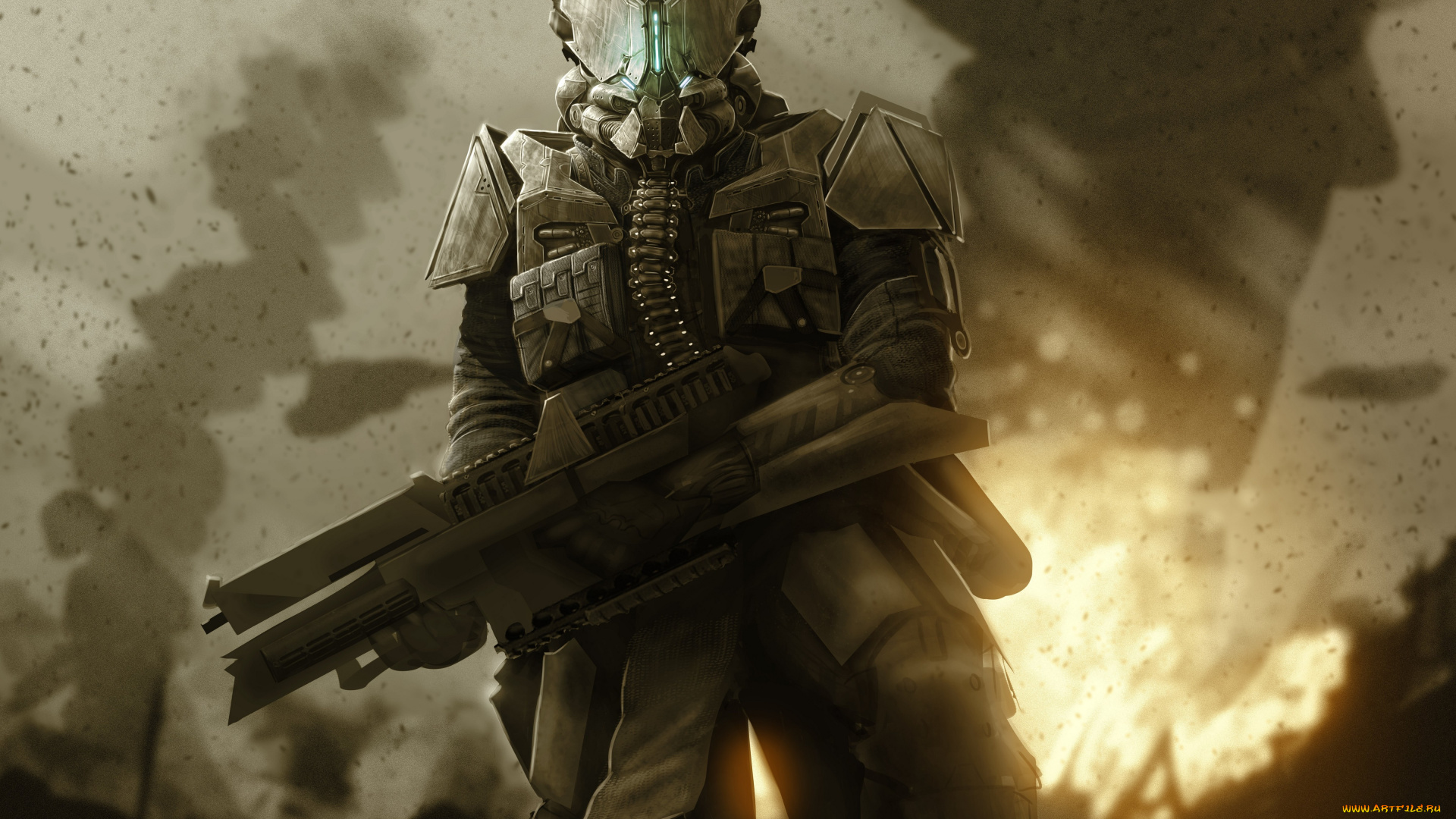 фэнтези, люди, будущее, солдат, автомат, война, огонь, шлем