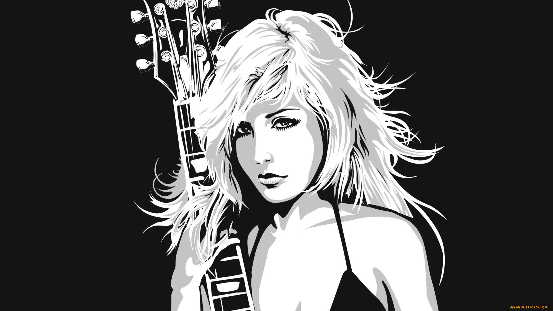 векторная, графика, блондинка, музыка, гитара, взгляд, инструмент, девушка, вектор, струны
