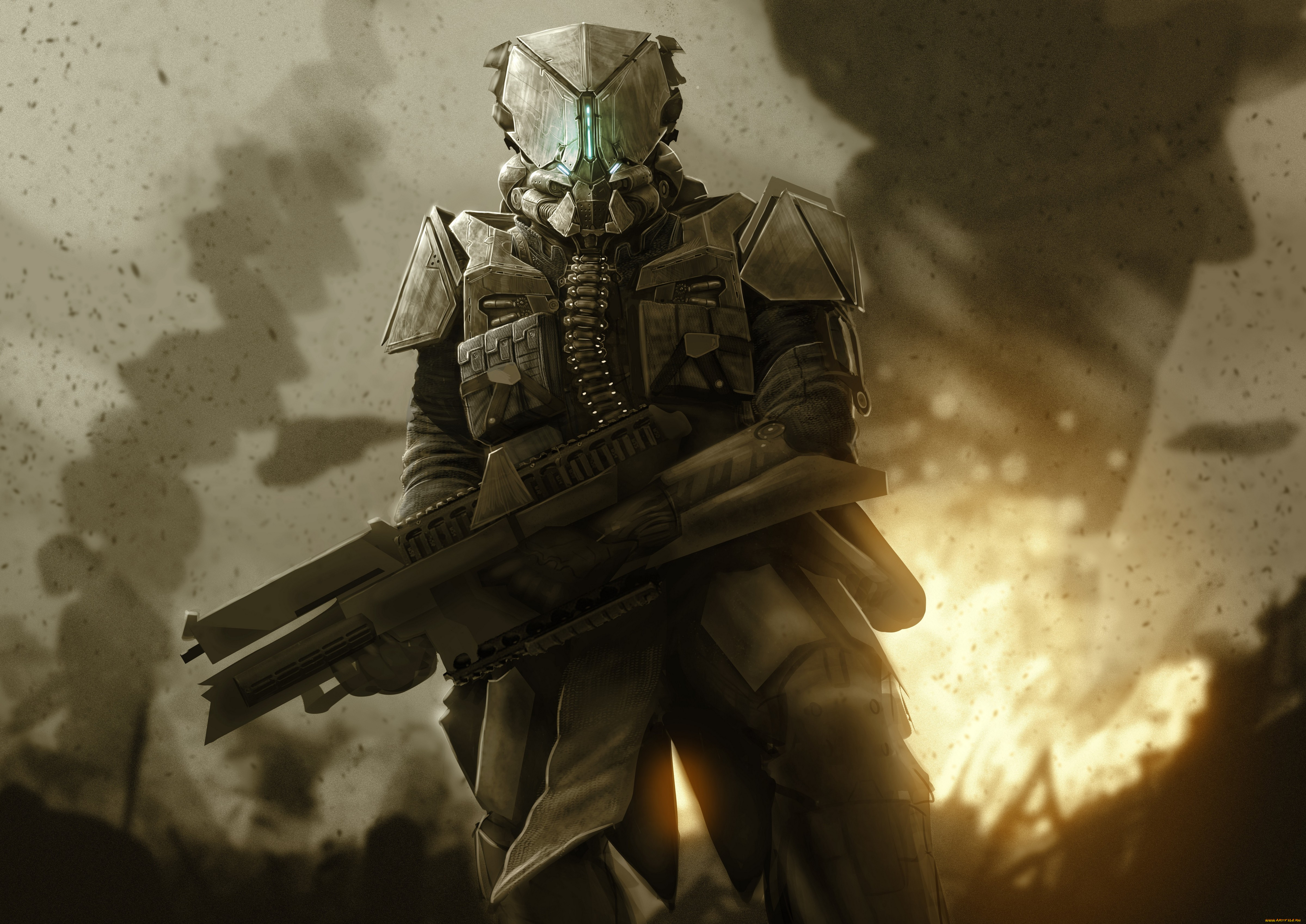 фэнтези, люди, будущее, солдат, автомат, война, огонь, шлем