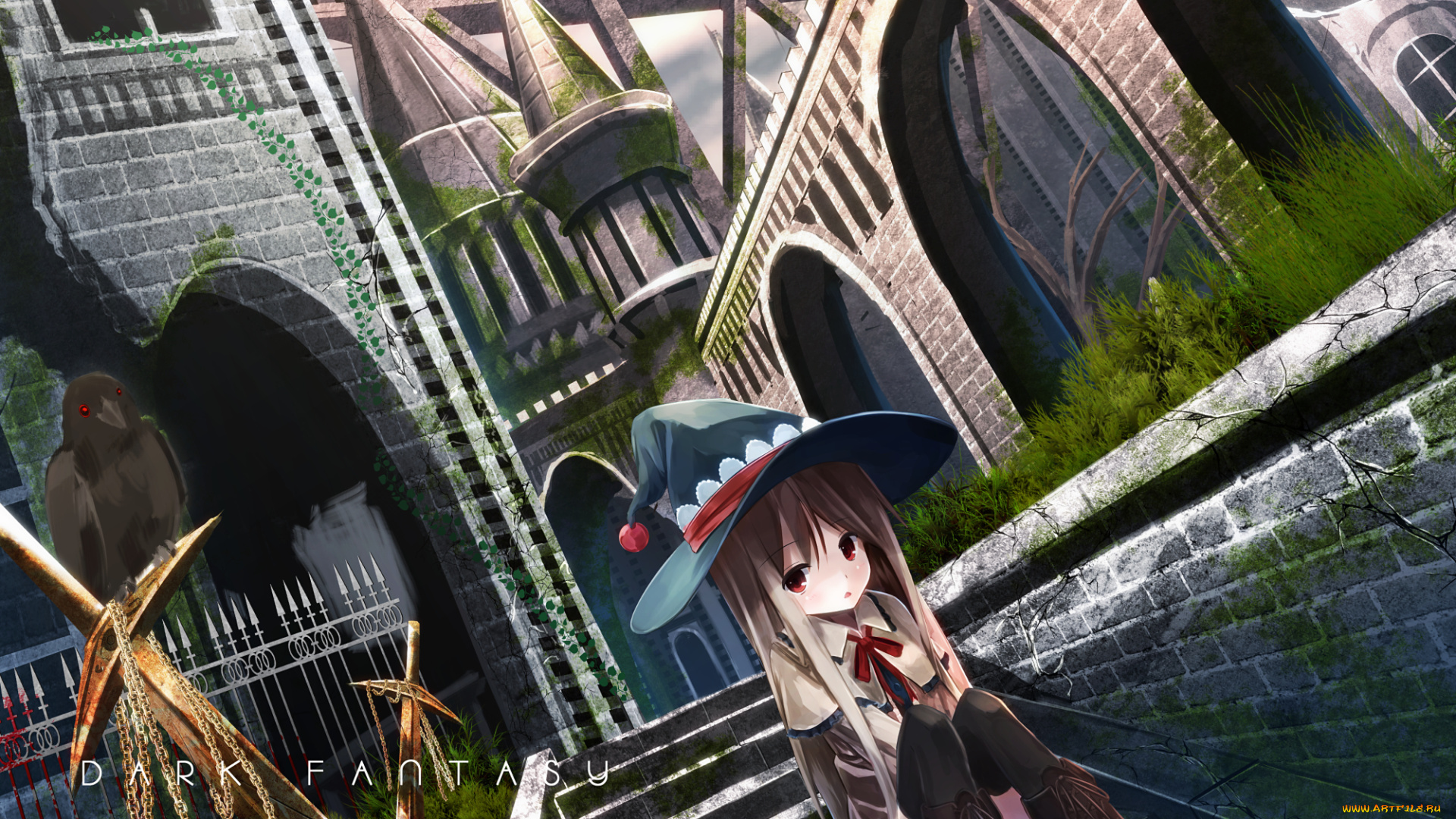 аниме, город, , улицы, , здания, девочка, вороны, замок