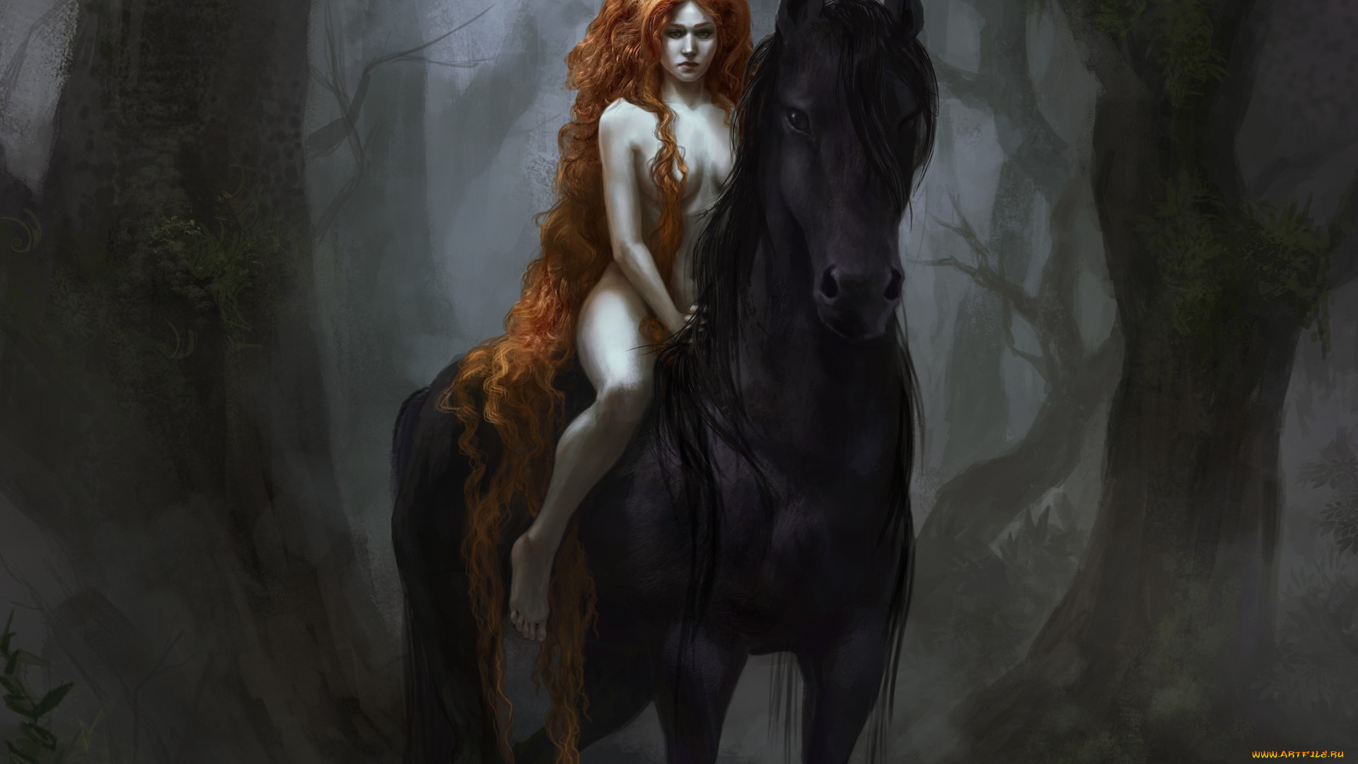 фэнтези, девушки, эротика, арт, девушка, взгляд, рыжие, волосы, леди, годива, животное, лощадь