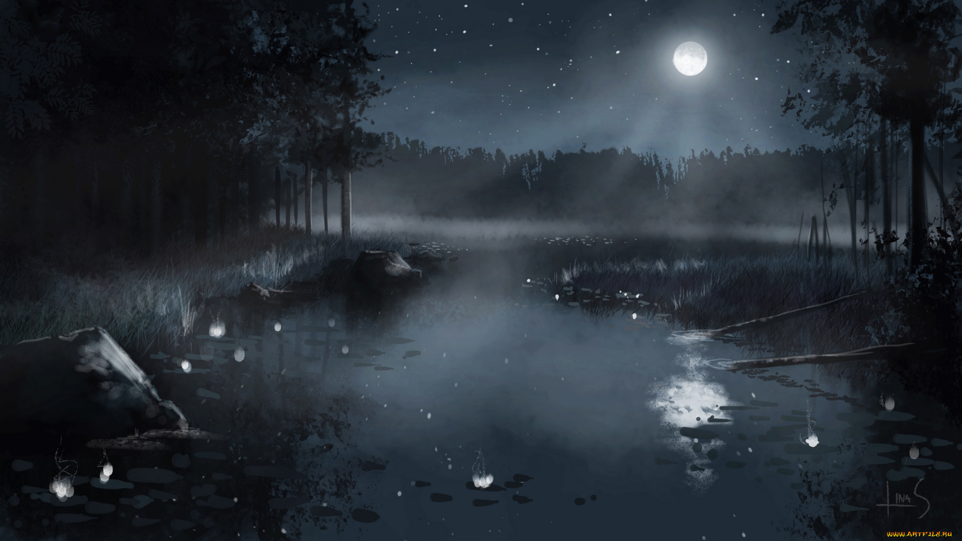 фэнтези, пейзажи, ночь, болото, лес, пейзаж