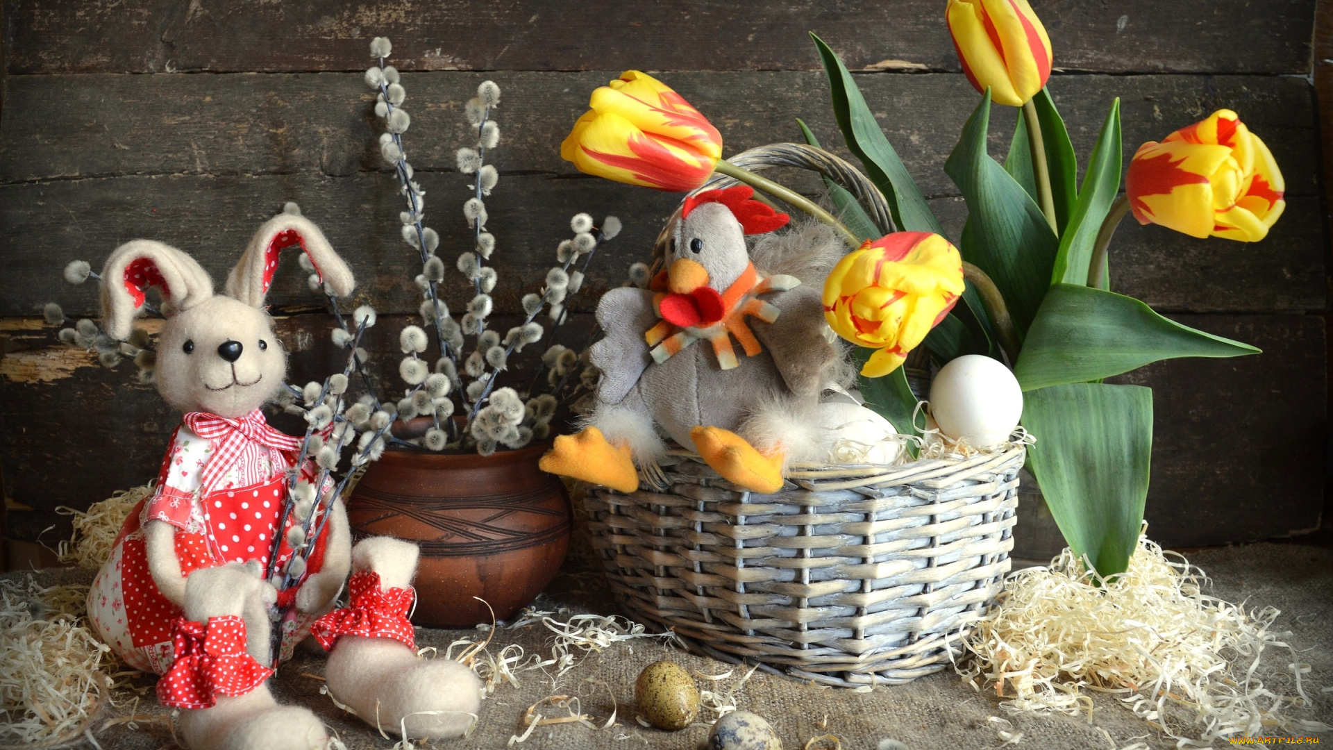праздничные, пасха, игрушки, кролик, курица, яйца, верба, тюльпаны