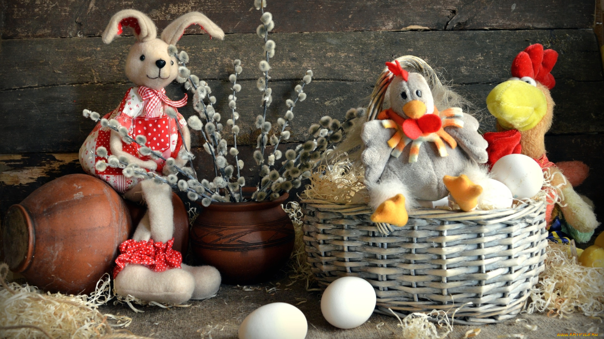 праздничные, пасха, корзинка, яйцо, кролик, курица, игрушки, верба