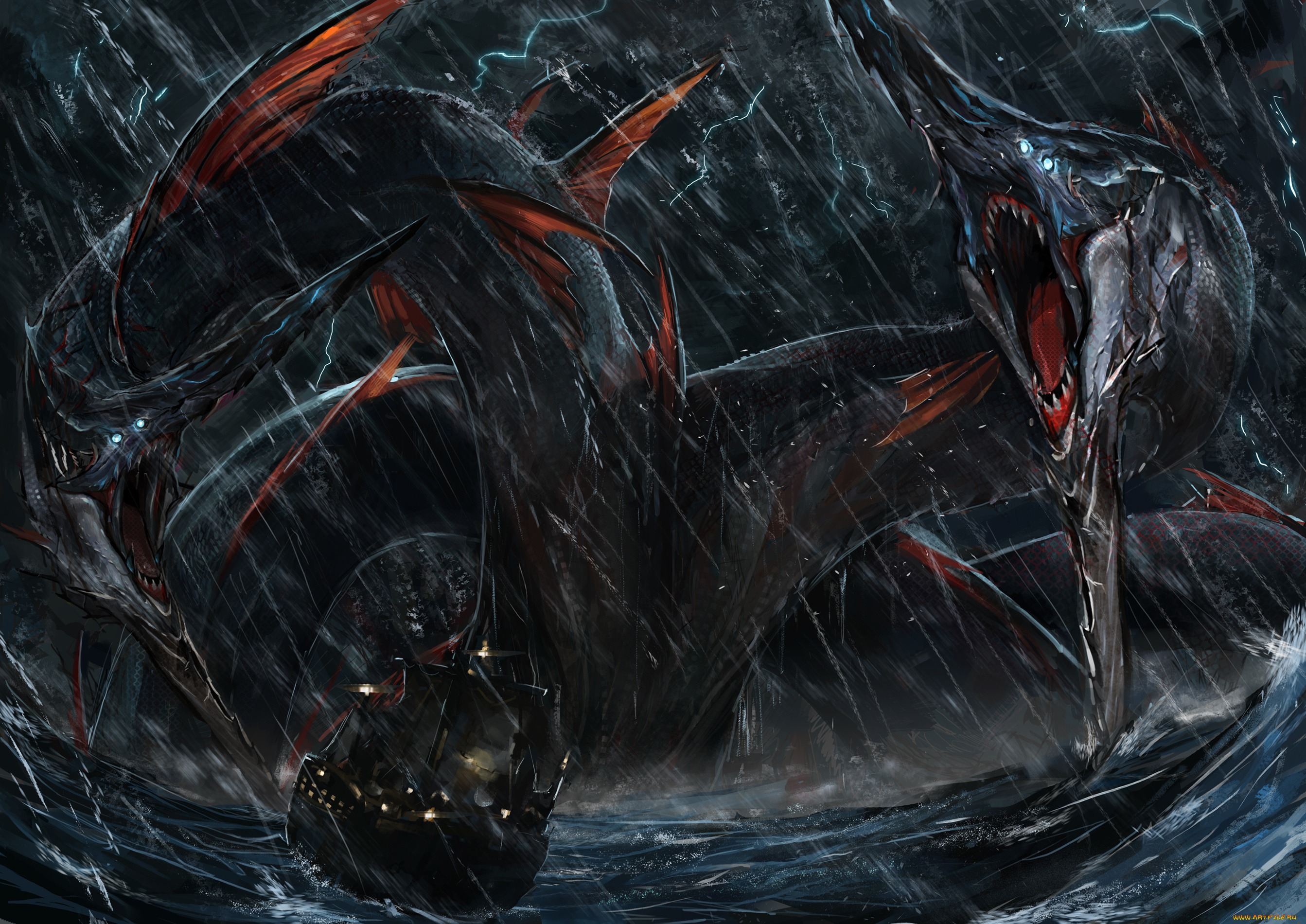 фэнтези, существа, гидра, корабль