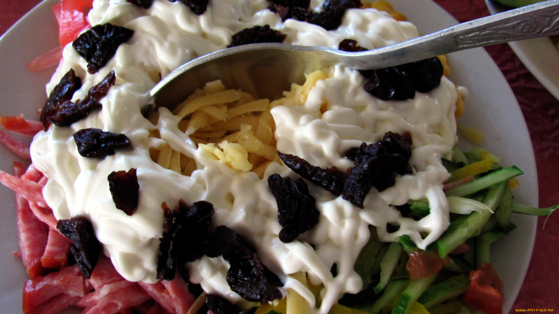 еда, салаты, , закуски, салат, сыр, колбаса, овощи