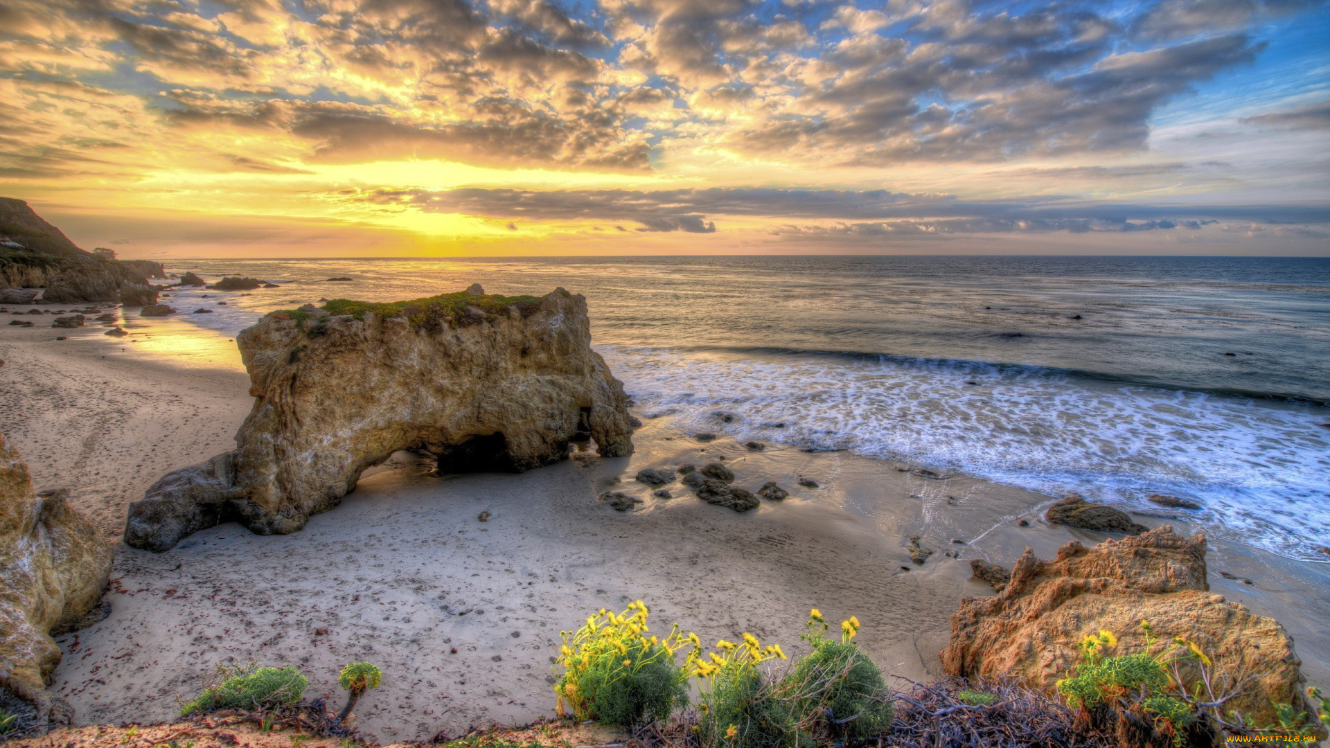 природа, побережье, море, камни, облака