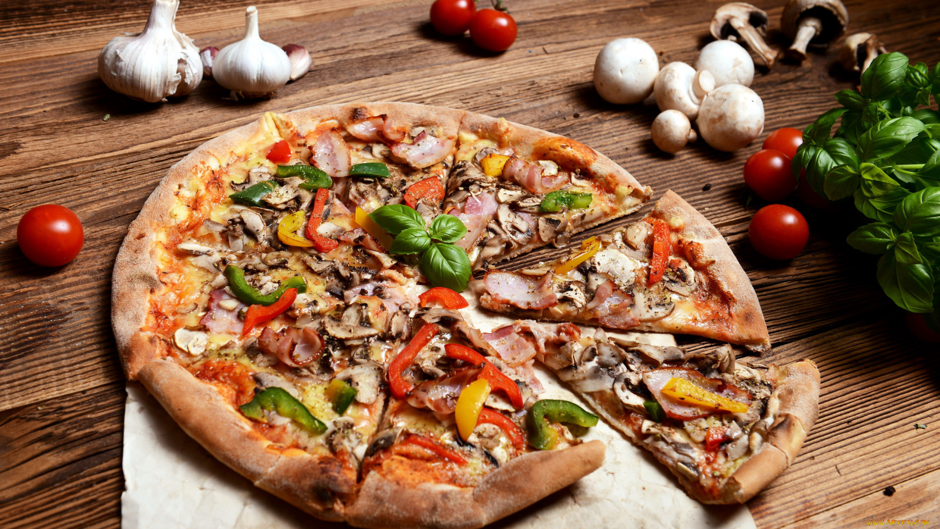 еда, пицца, перец, помидоры, базилик, грибы, томаты