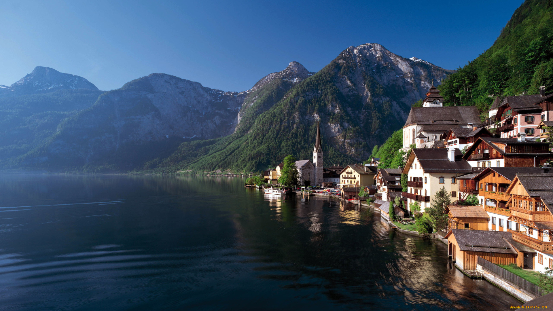 города, гальштат, , австрия, отражение, озеро, горы