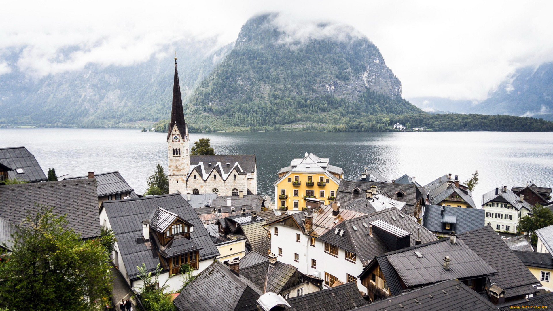 города, гальштат, , австрия, туман, озеро, горы
