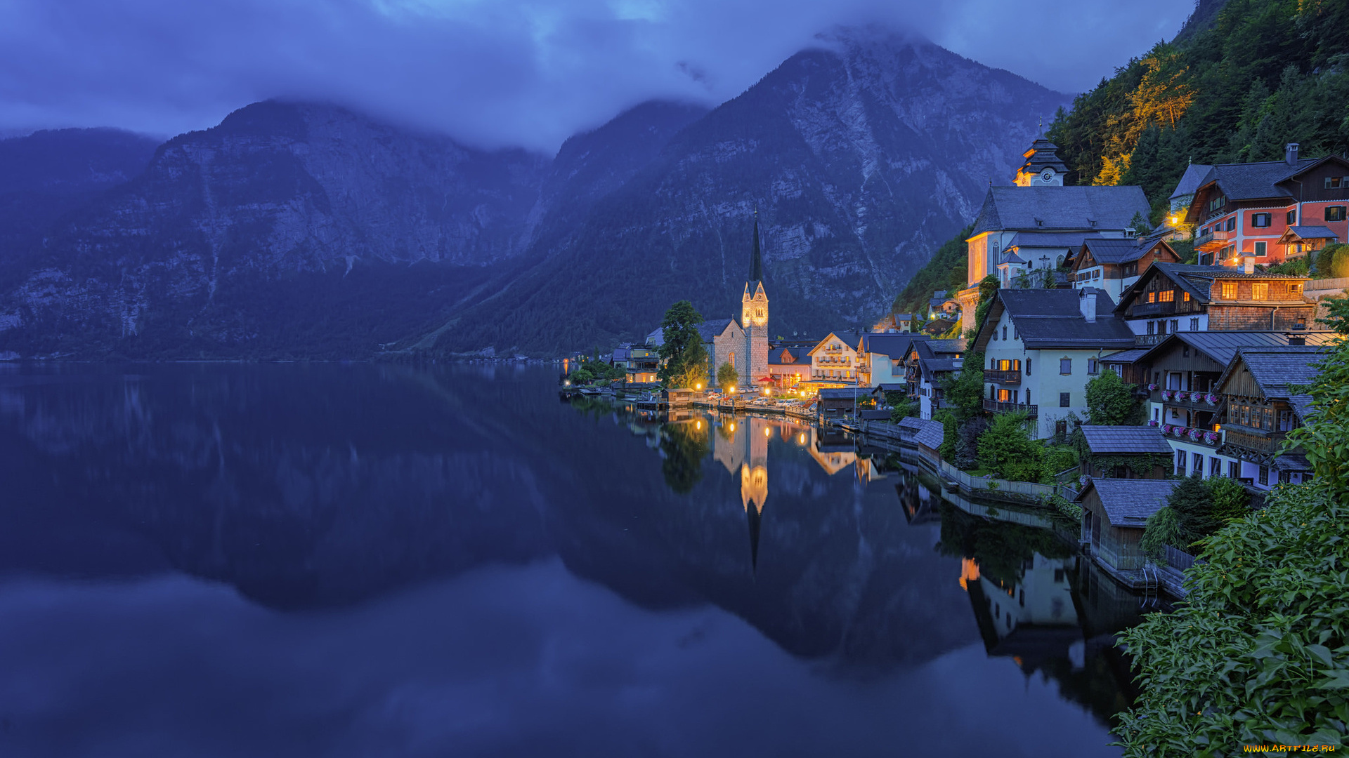 города, гальштат, , австрия, вечер, озеро, горы, огни
